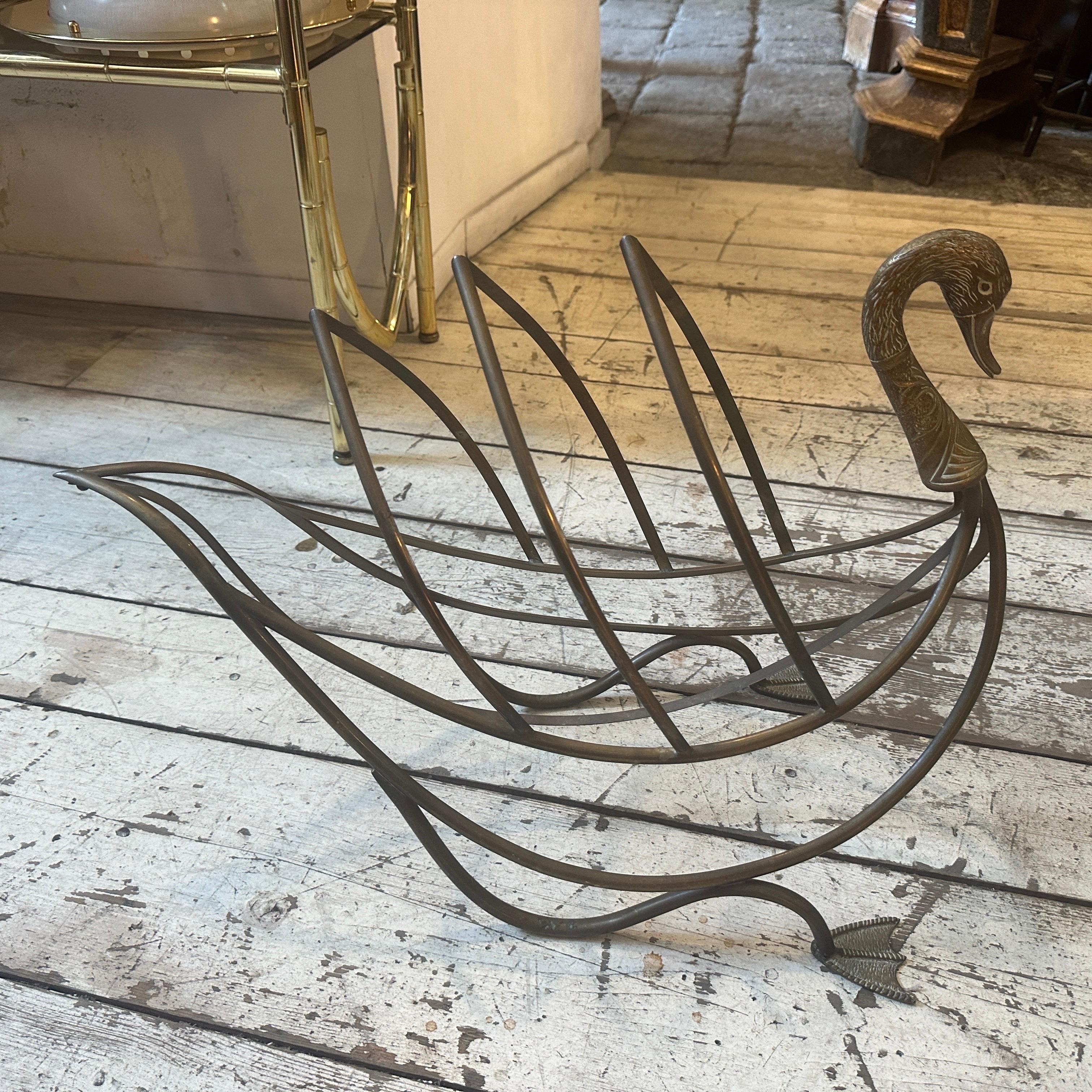 1960s iconic Brass French Swan Magazine Rack by Mason Jansen  For Sale 1