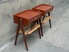 1960's iconic Danish teak night stands with rattan shelves by Søren Rasmussen