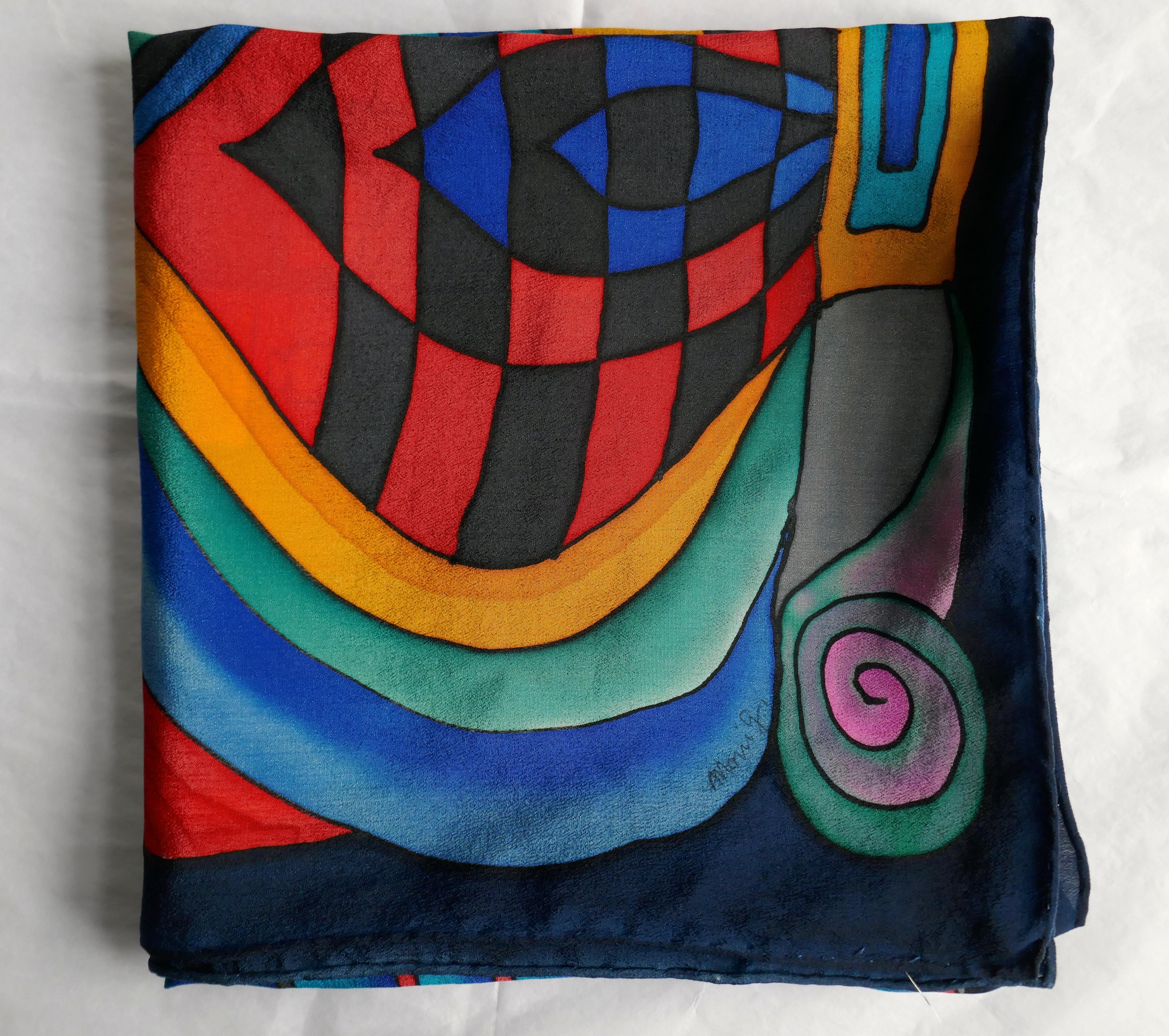 1960s Ideen Vintage Retro Silk Scarf, Psychedelic Vibrant Abstract design by Monique

Vibrant a Classic of its time
100% silk 
Silk Crêpe de Chine
Measures 34”x 34”

Vintage good condition 
F99