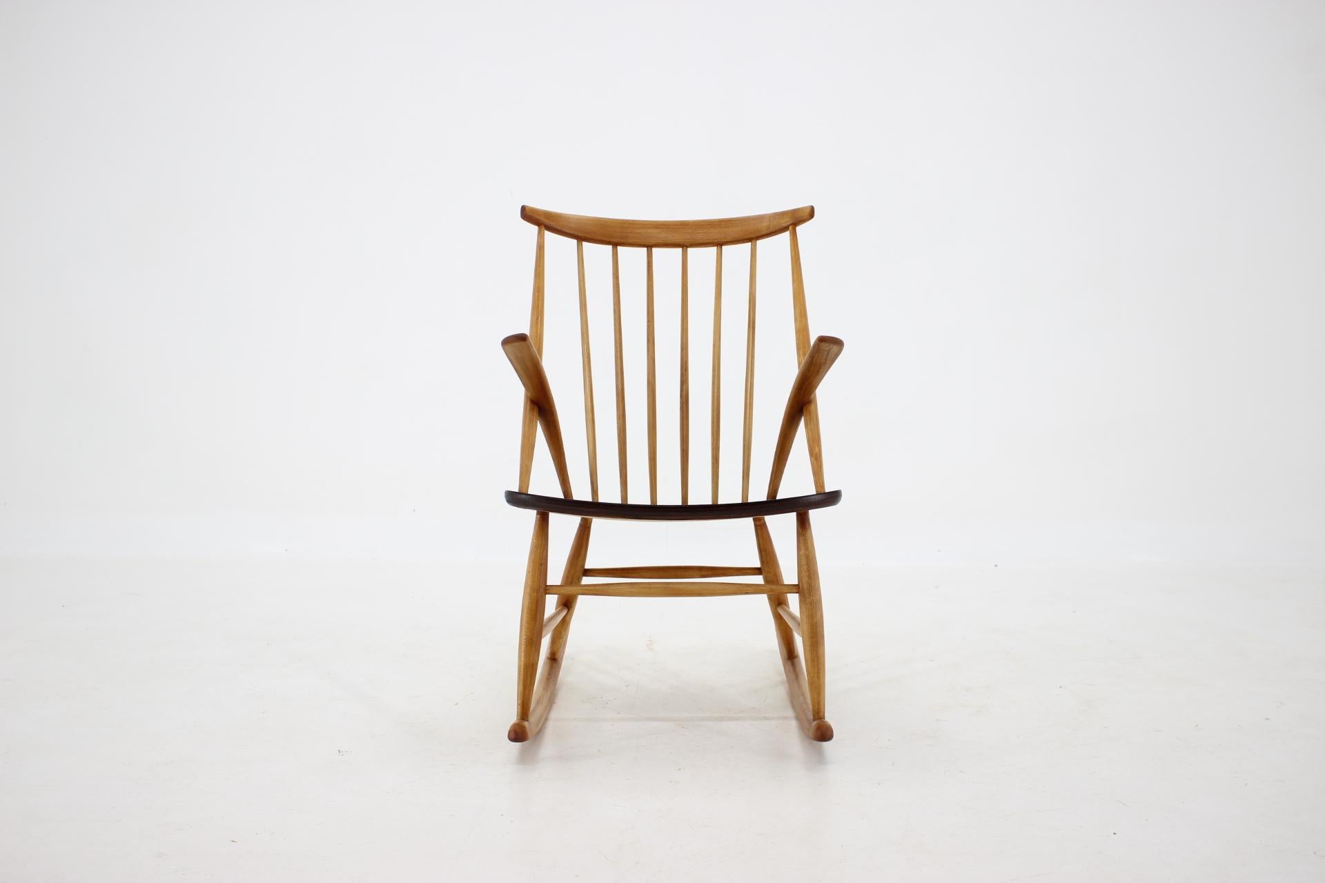- The item was carefully refurbished 
- Made of solid beechwood and stained veneered seat
- High of seat 42cm.