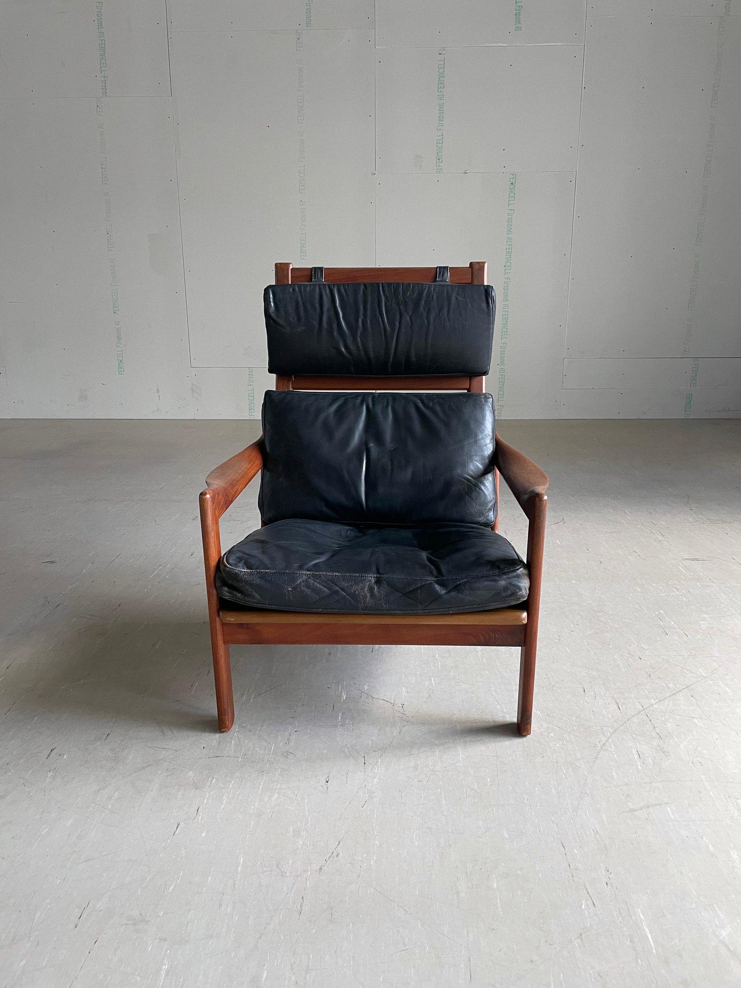 Chaise longue en teck et cuir ILLUM WIKKELSO, 1960 - Niels Eilersen, Danemark Bon état - En vente à Bern, CH