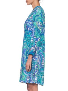 1960S I. MAGNIN Aqua  Psychedelic Silk Empire Waist Mod Long Sleeve Dress