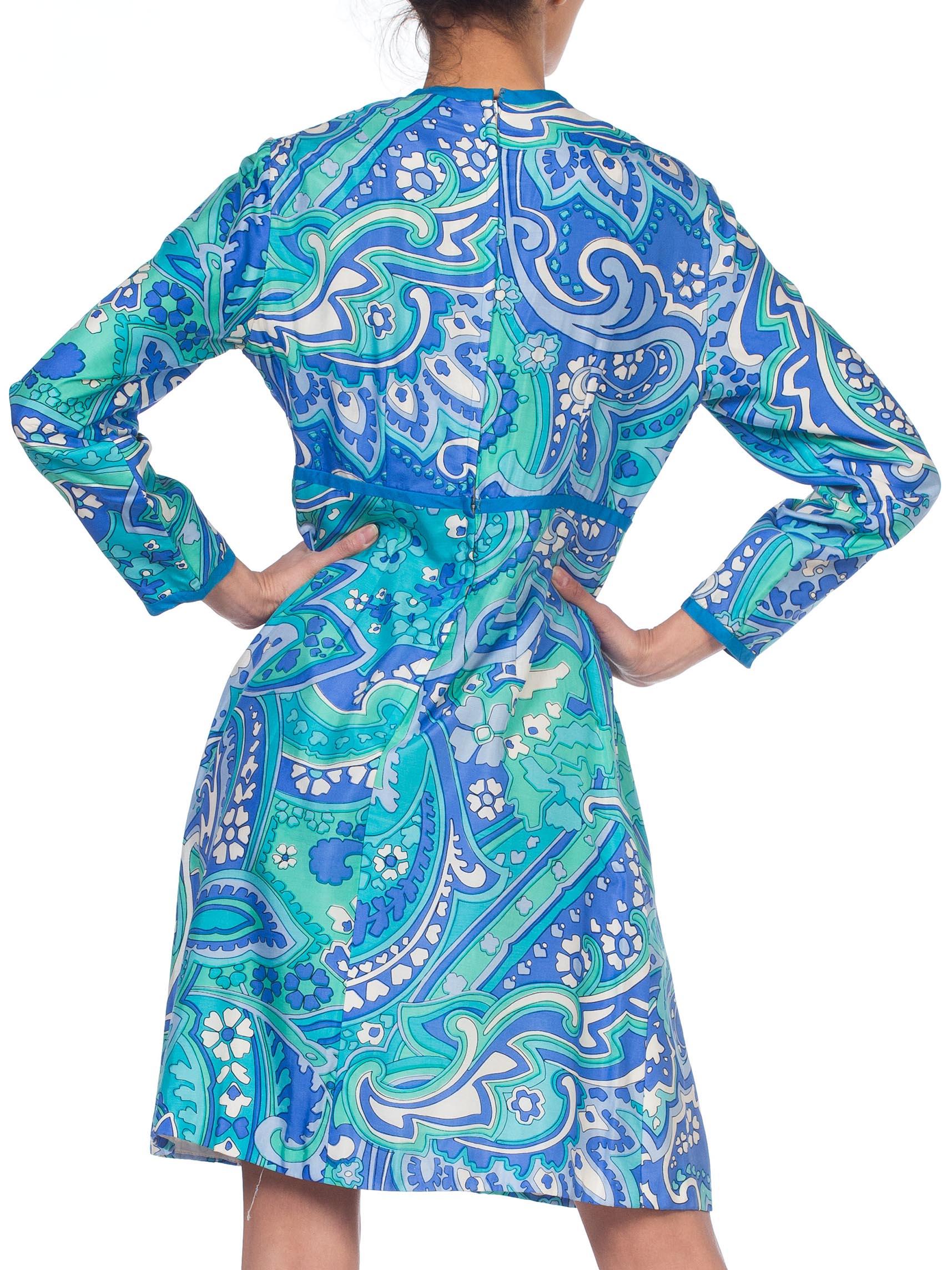 Blue 1960S I. MAGNIN Aqua  Psychedelic Silk Empire Waist Mod Long Sleeve Dress For Sale