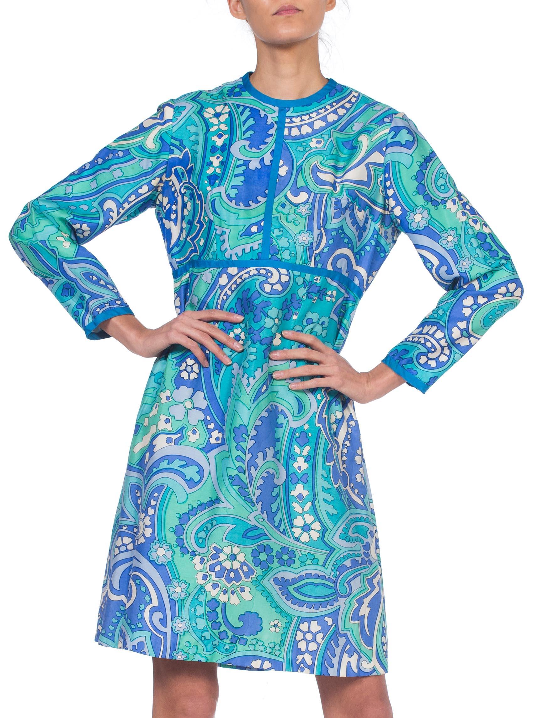 1960S I. MAGNIN Aqua  Psychedelic Silk Empire Waist Mod Long Sleeve Dress In Excellent Condition For Sale In New York, NY