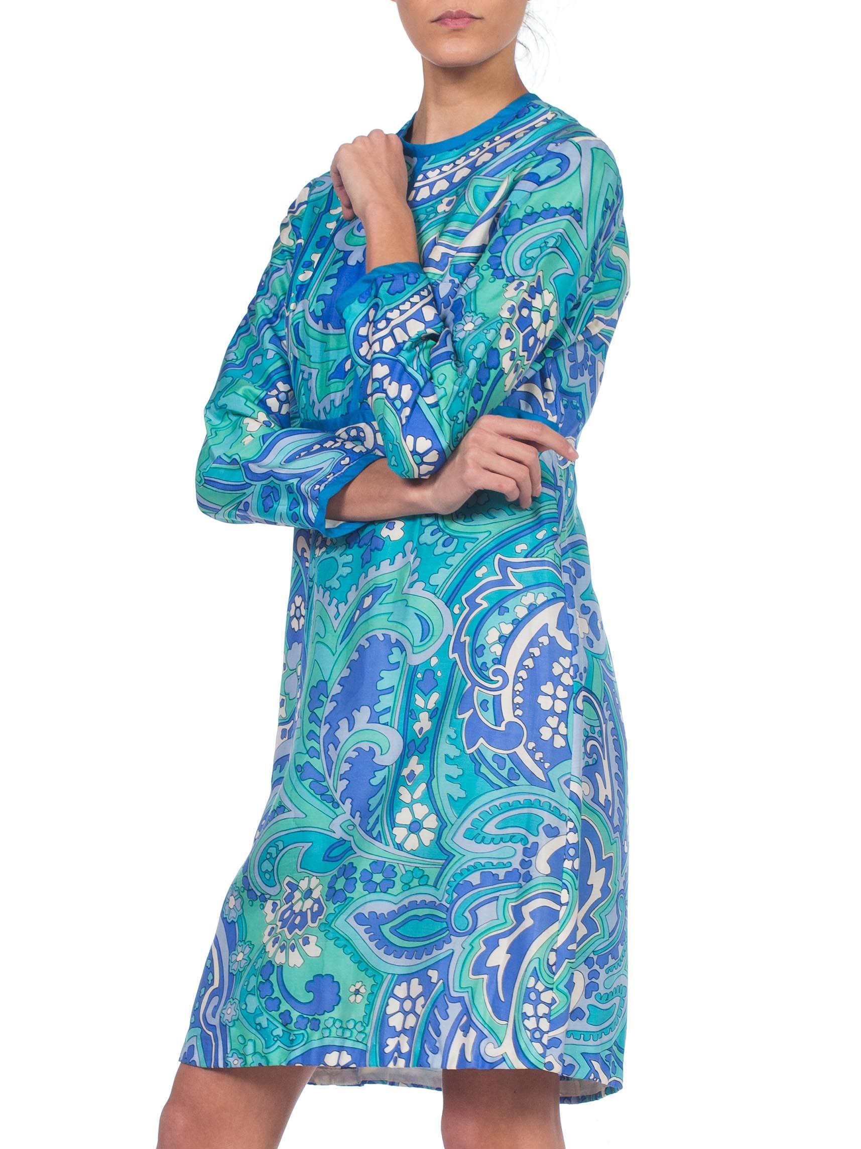 Women's 1960S I. MAGNIN Aqua  Psychedelic Silk Empire Waist Mod Long Sleeve Dress For Sale