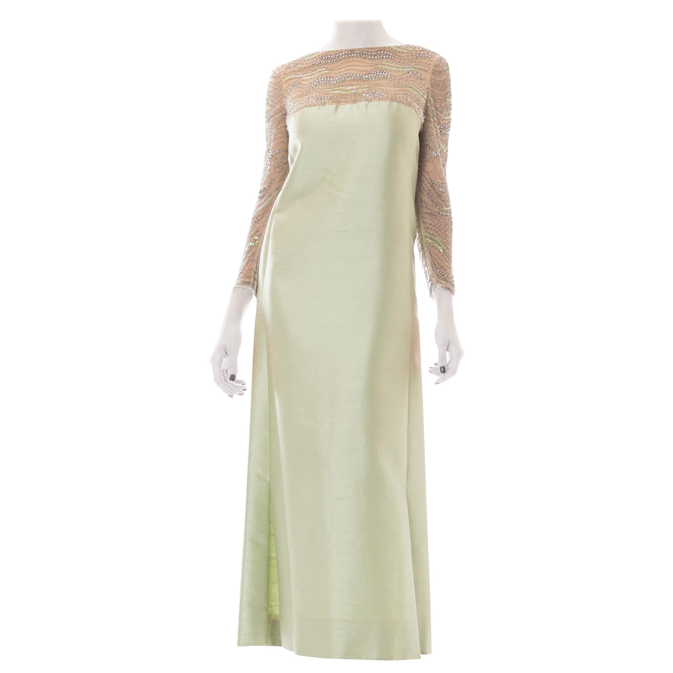 1960S I.MAGNIN Mint Green Silk 
Wool Radzimir Long Sleeved Gown W/ Sequin Rhin