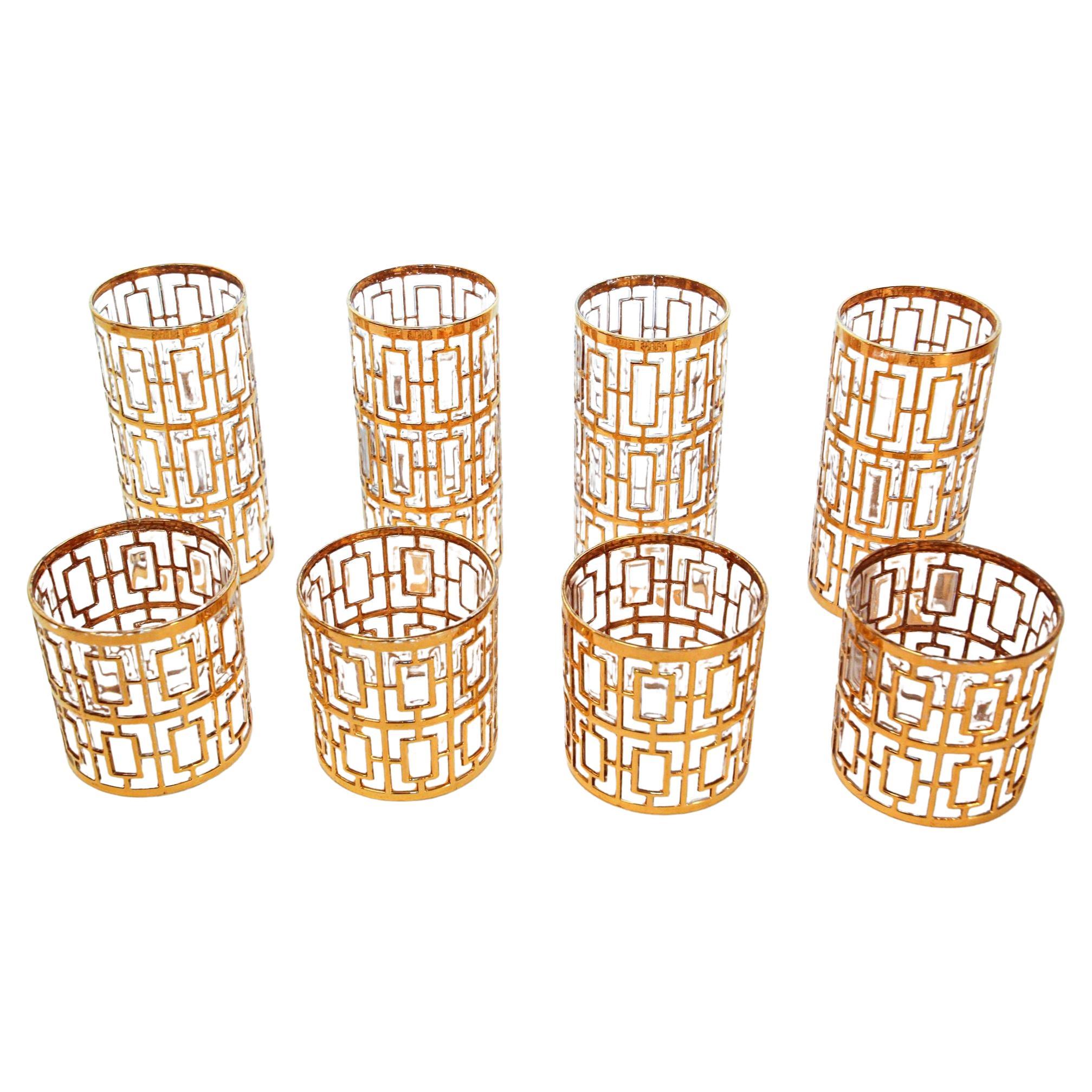 Verres à cocktail Shoji dorés impériaux des années 1960, ensemble de 8 pièces de bar de collection