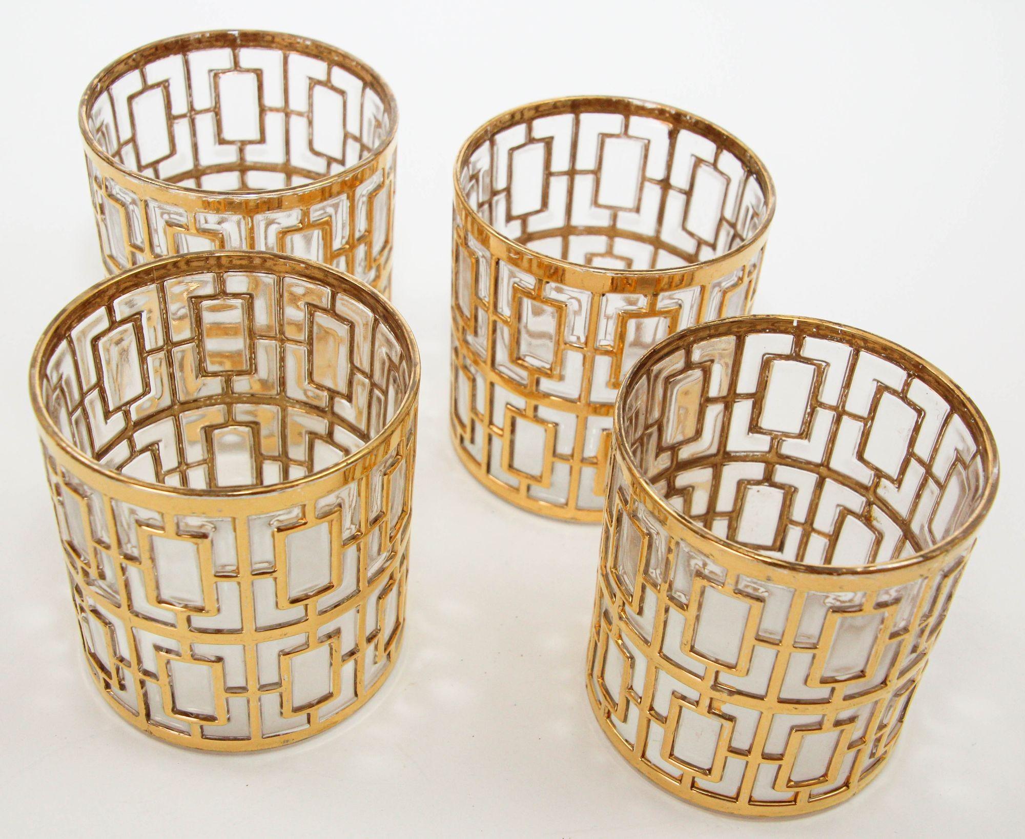 Hollywood Regency 1960s Imperial Shoji Gold Rock Glasses Set of 4 Collectible Barware For Sale