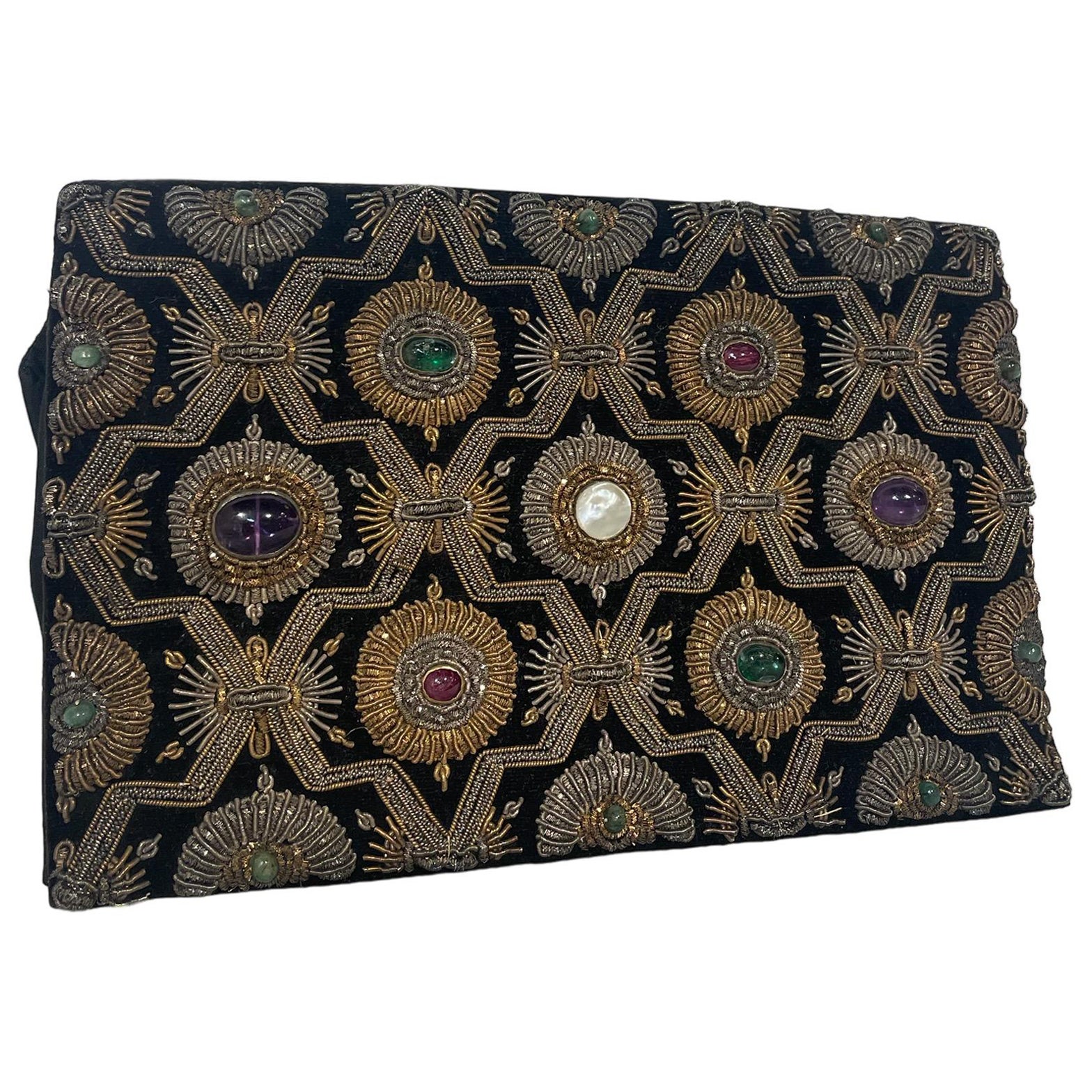 1960s Indian Bejeweled Zari Zardozi Velvet Clutch Purse