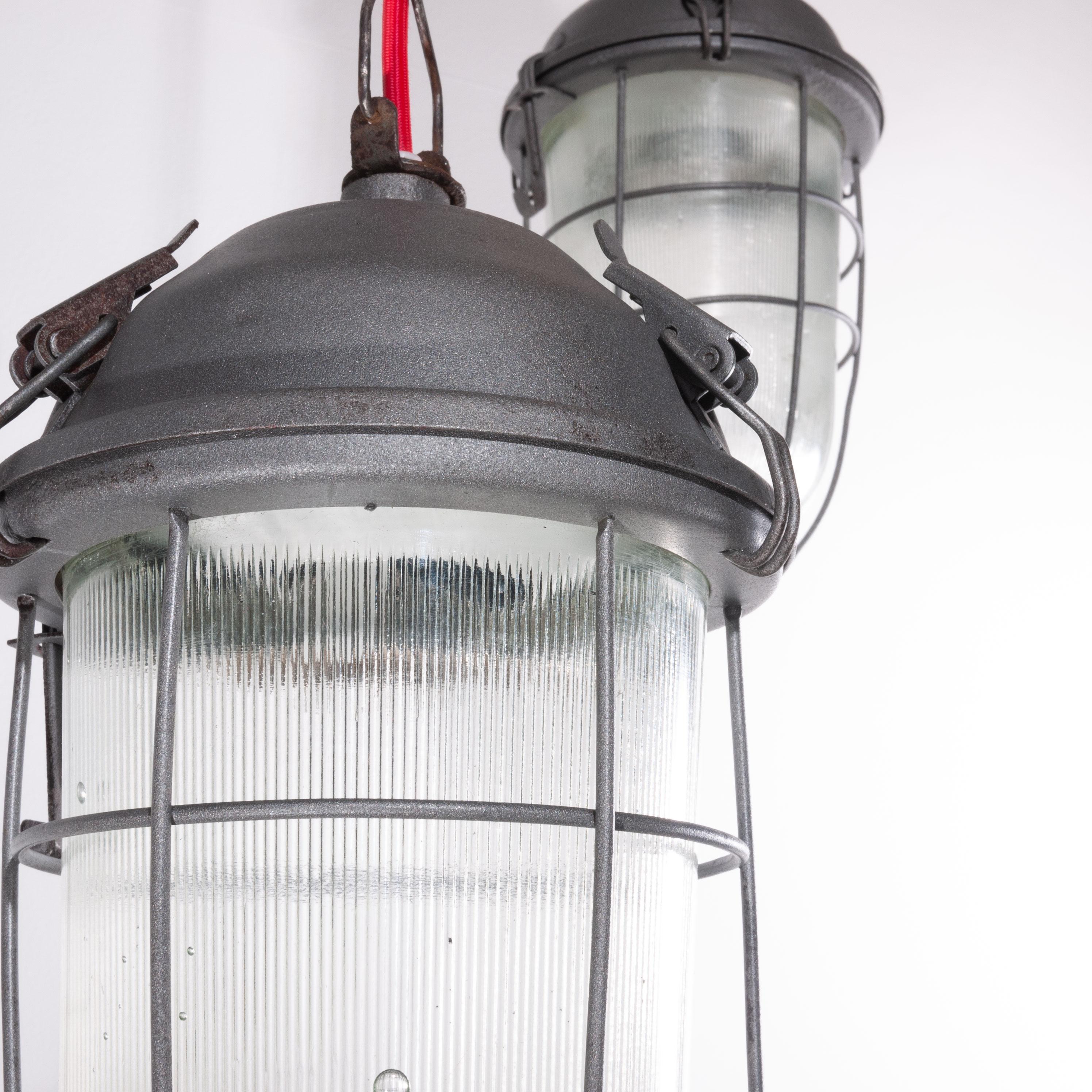 1960s Industrial Caged Hanging Ceiling Pendant Lamps/Lights with Original Glass For Sale 4