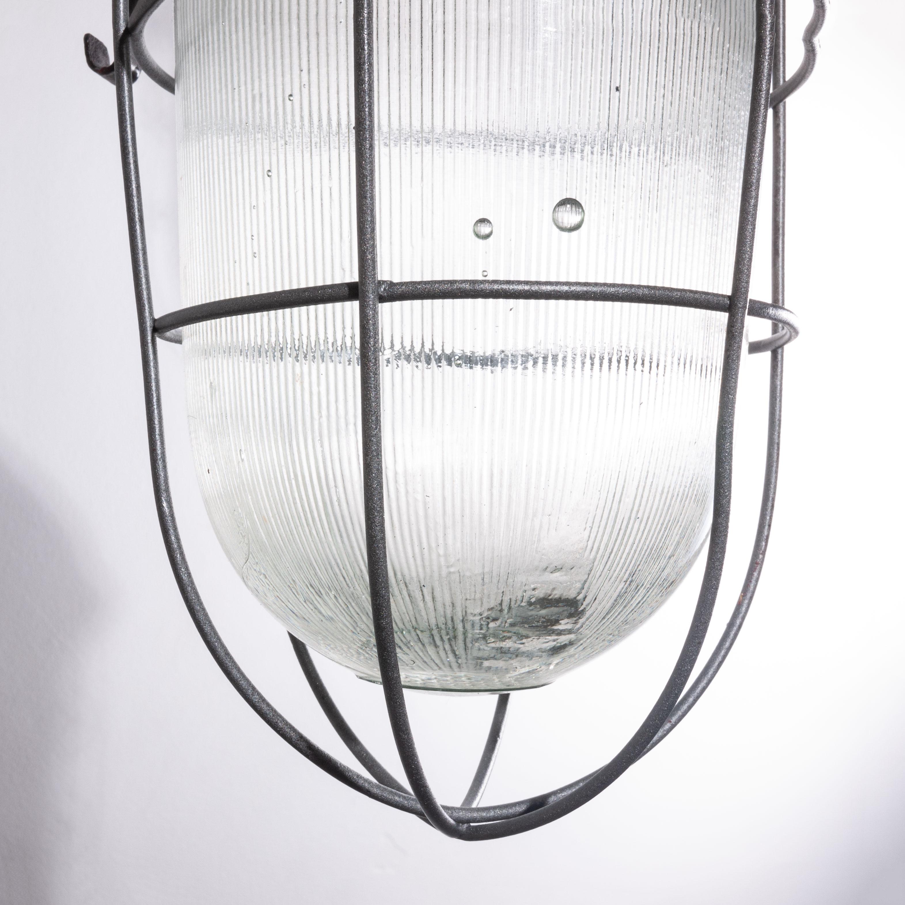 French 1960s Industrial Caged Hanging Ceiling Pendant Lamps/Lights with Original Glass For Sale