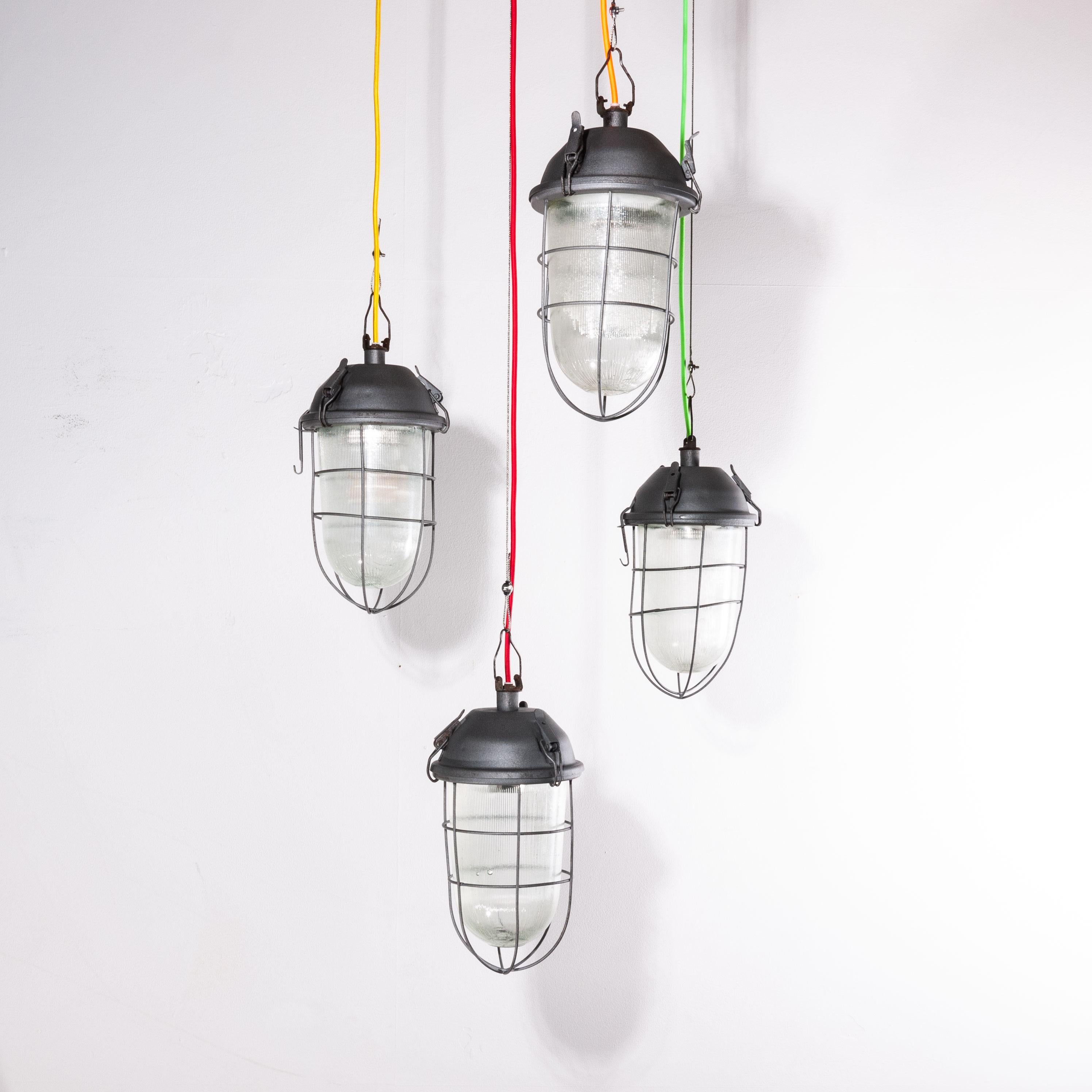1960s Industrial Caged Hanging Ceiling Pendant Lamps/Lights with Original Glass In Good Condition For Sale In Hook, Hampshire