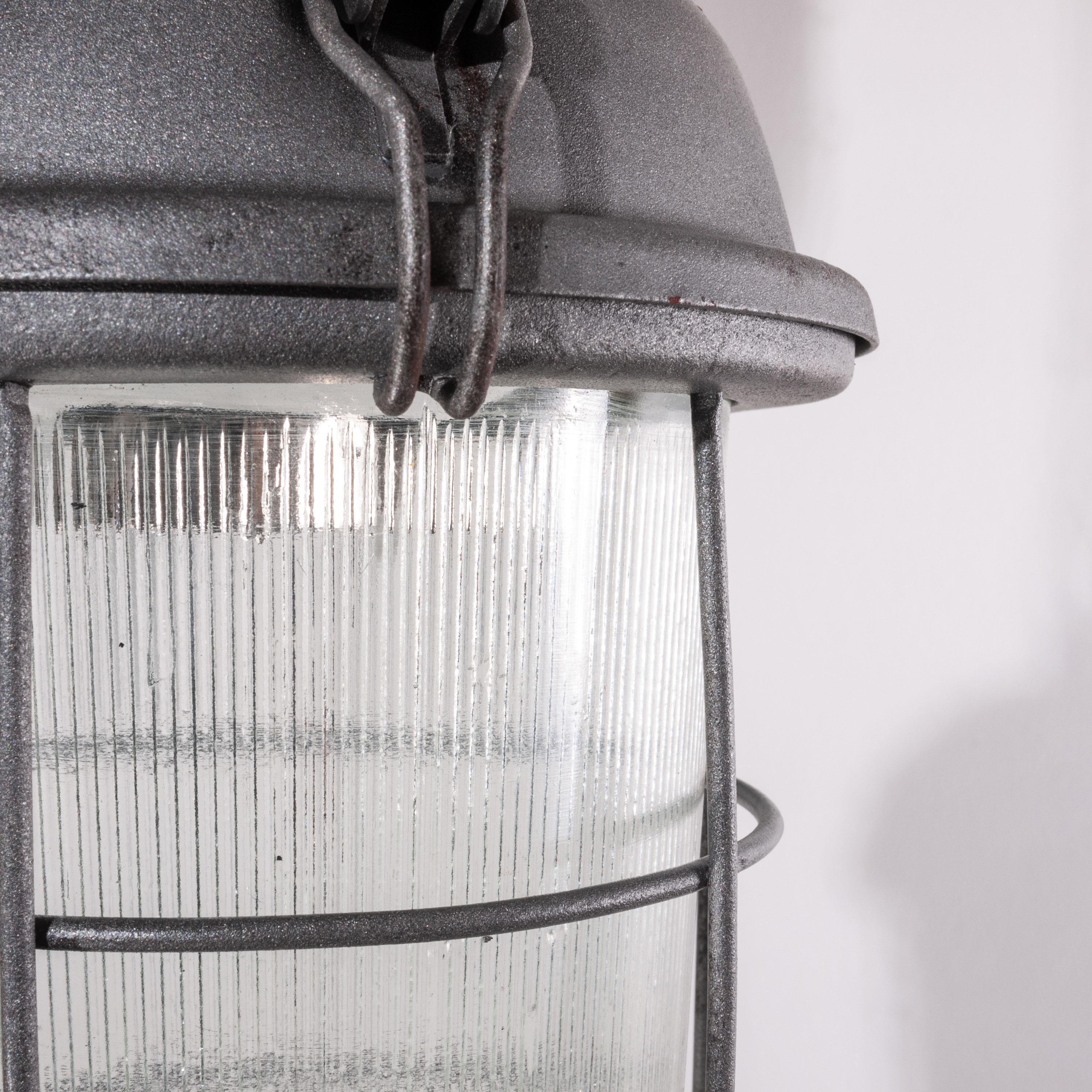 Mid-20th Century 1960s Industrial Caged Hanging Ceiling Pendant Lamps/Lights with Original Glass For Sale