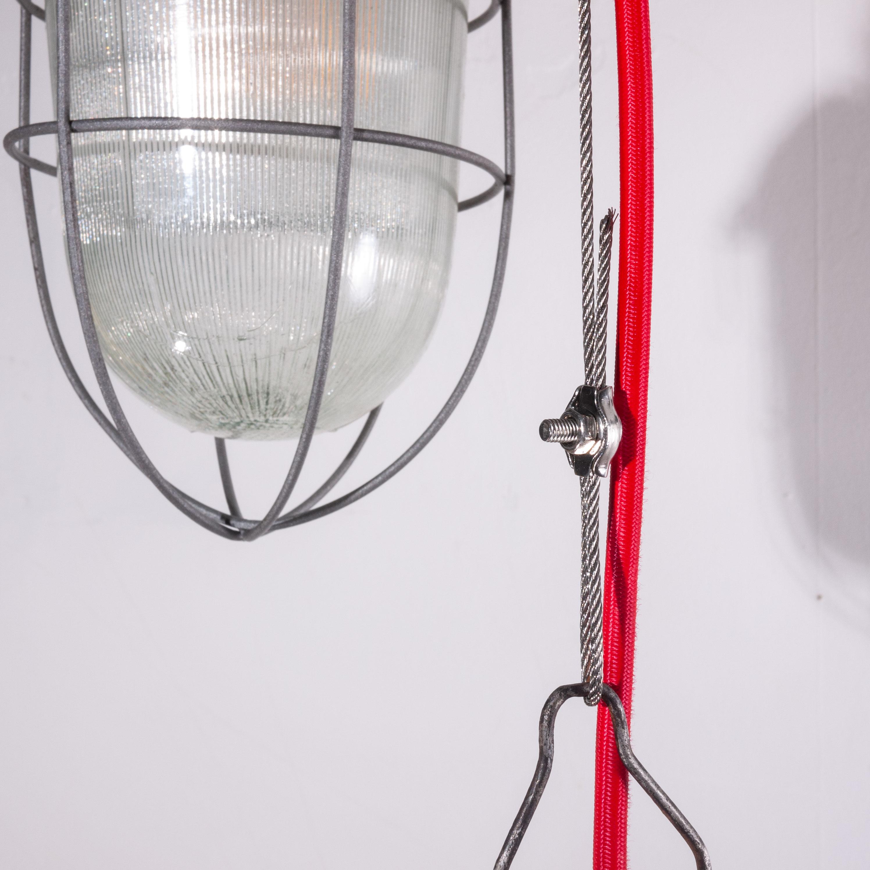 Art Glass 1960s Industrial Caged Hanging Ceiling Pendant Lamps/Lights with Original Glass For Sale