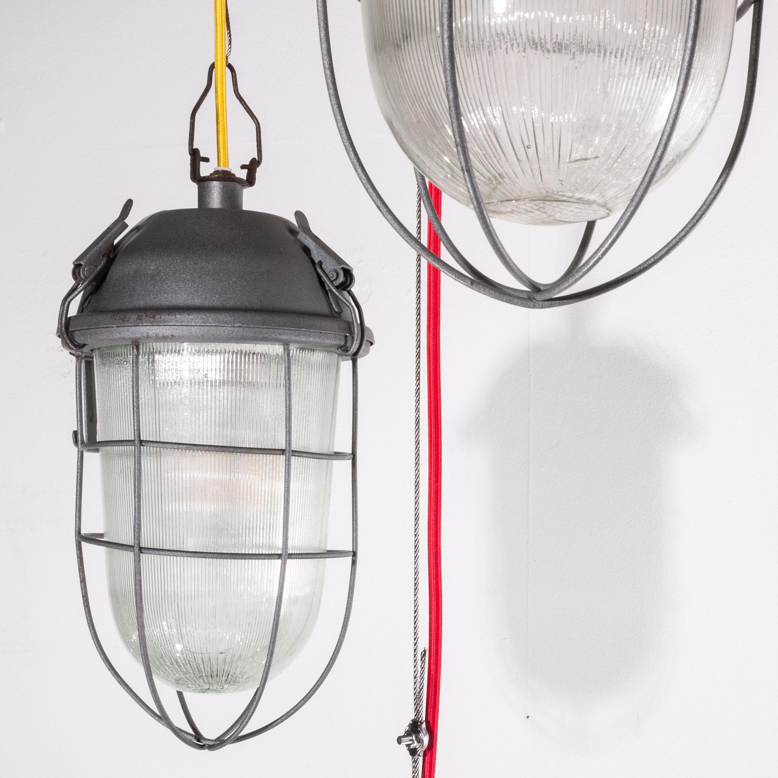 1960s Industrial Caged Hanging Ceiling Pendant Lamps/Lights with Original Glass For Sale 2