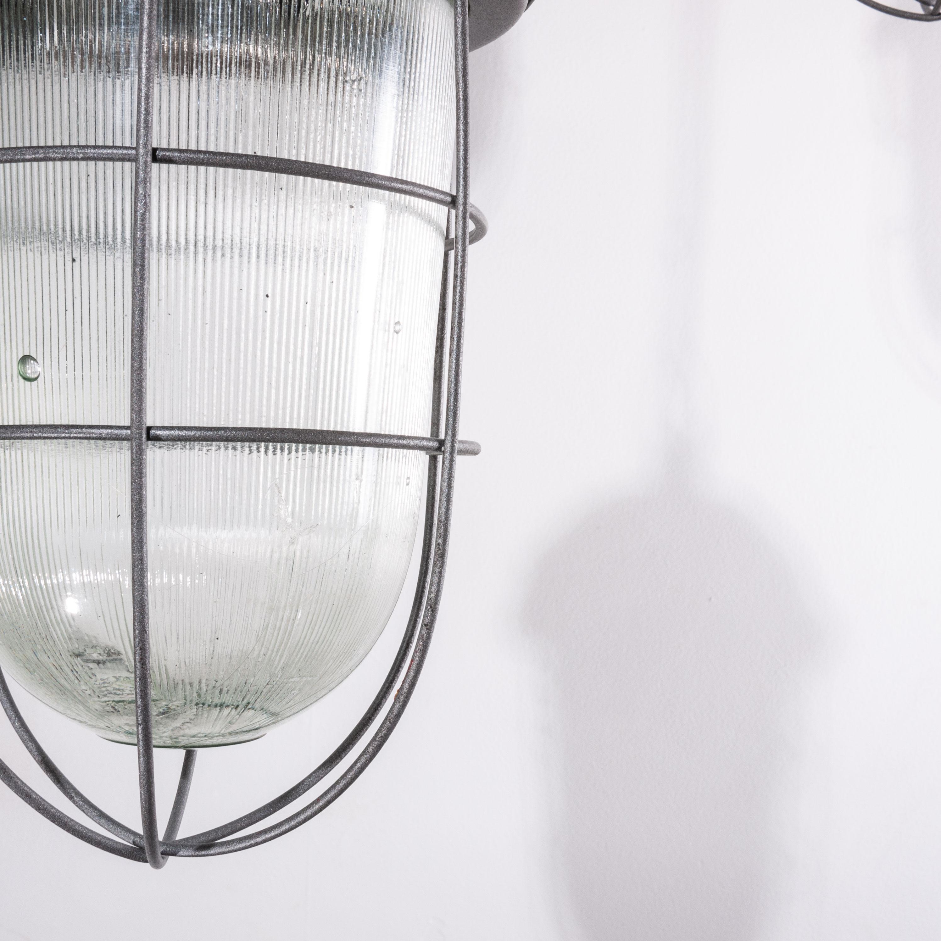 1960s Industrial Caged Hanging Ceiling Pendant Lamps/Lights with Original Glass For Sale 3