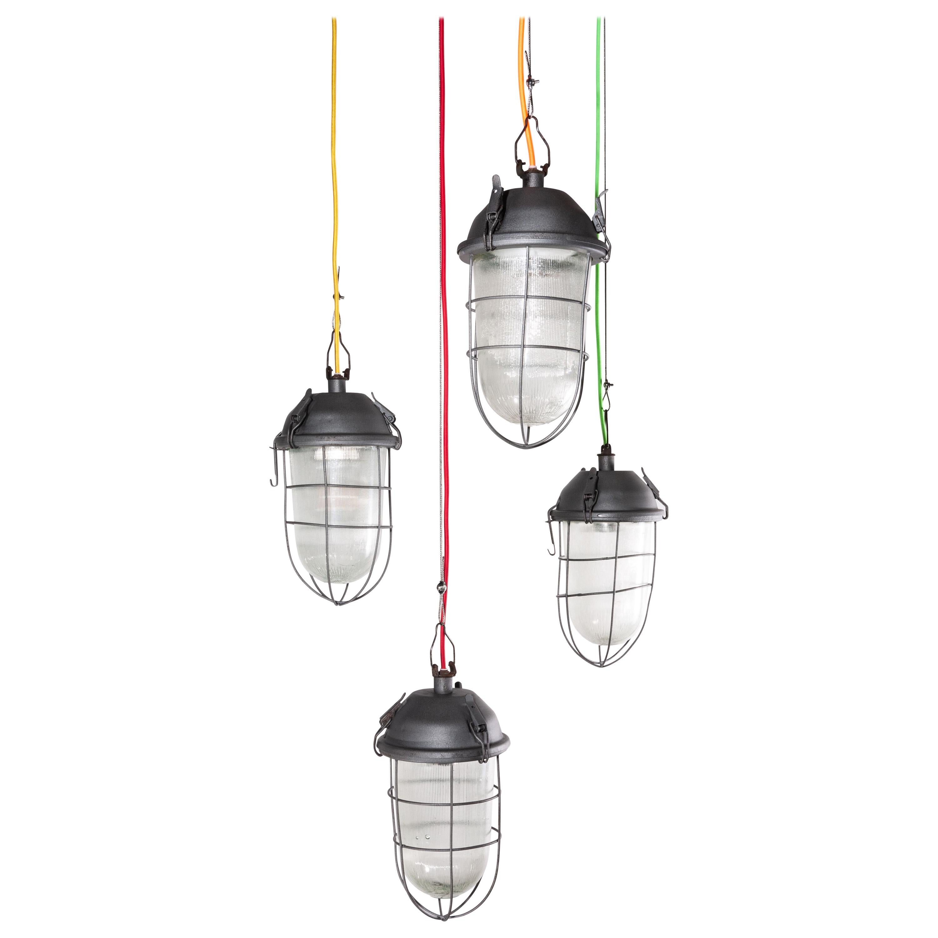 1960s Industrial Caged Hanging Ceiling Pendant Lamps/Lights with Original Glass