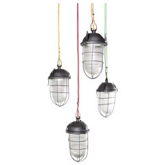 Vintage 1960s Industrial Caged Hanging Ceiling Pendant Lamps/Lights with Original Glass