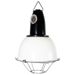 1960s Industrial Enamel Caged Ceiling Pendant Lamps, Lights with Bakelite Tops