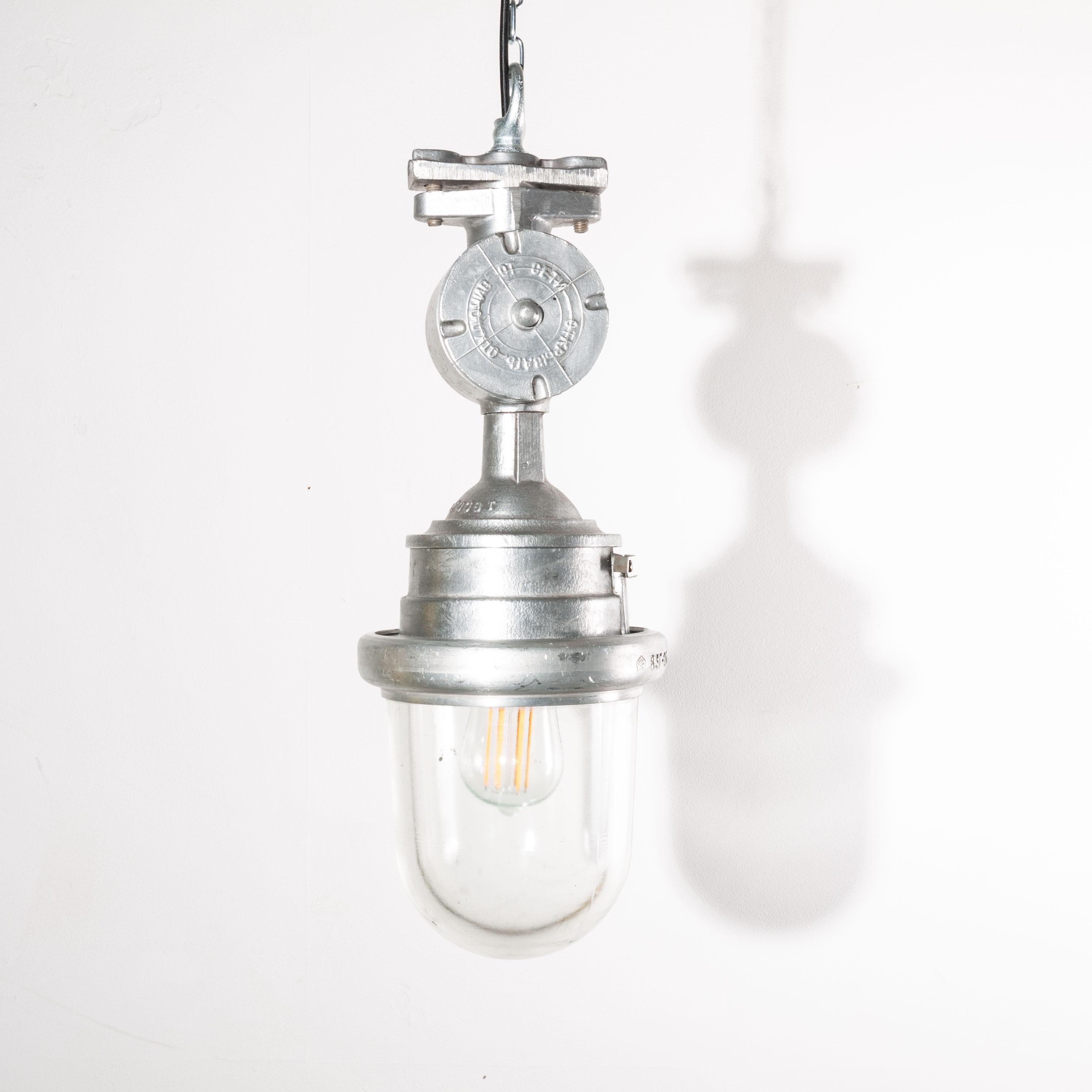 1960s vintage original industrial explosion proof ceiling pendant lamps/lights with glass domes. A hugely popular lamps we have a number of these stunning lamps available. Made from cast aluminium each with their own weathered and patinated original