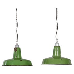 1960's Industrial Mint Green Enamel Pendant Lamps - Pair