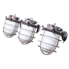 1960s Industrial Ships Ceiling Pendant Lamps/Lights with Caged Opal Glass