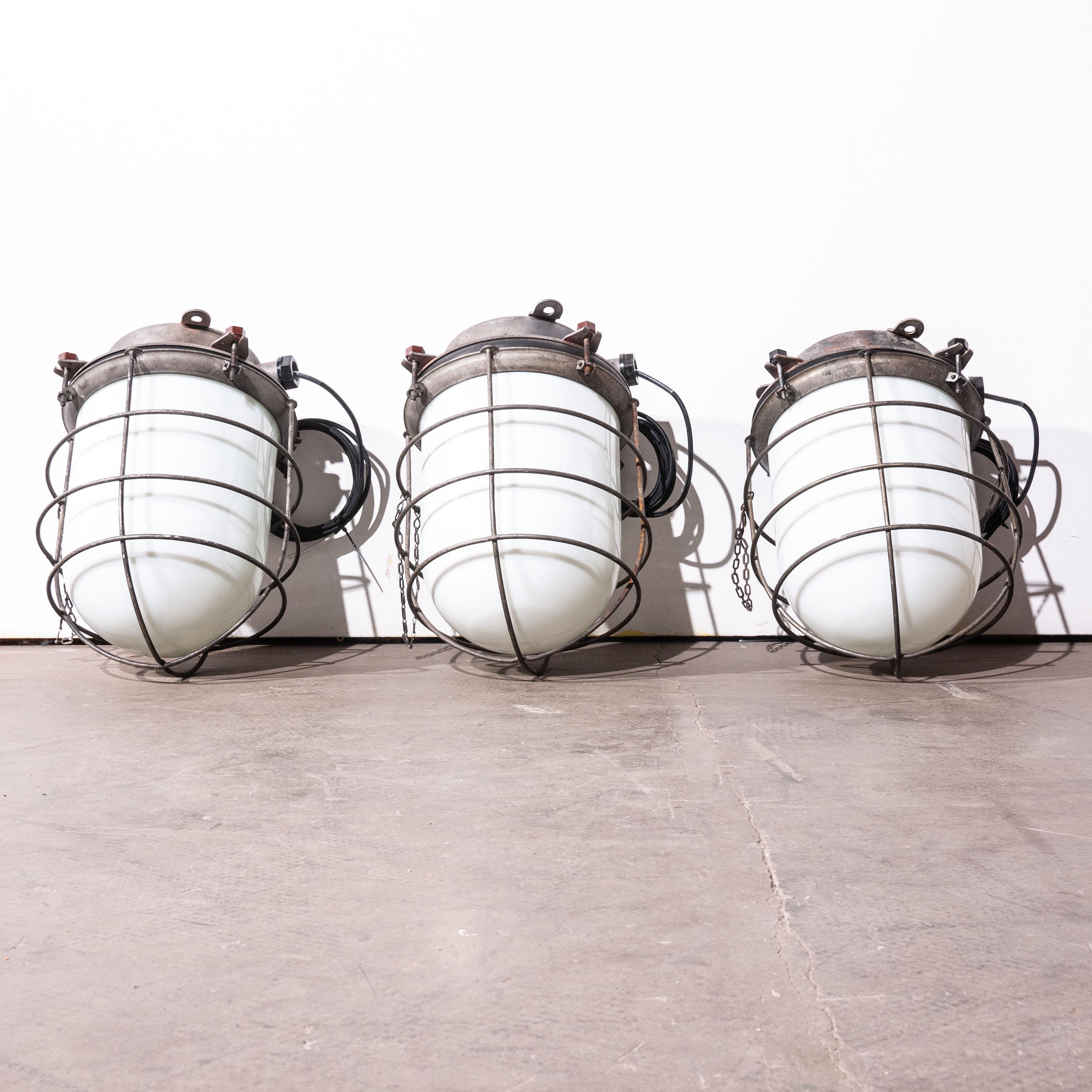 Metal 1960s Industrial Ships Ceiling Pendant Lamps/Lights, with Caged Opalescent Glass For Sale