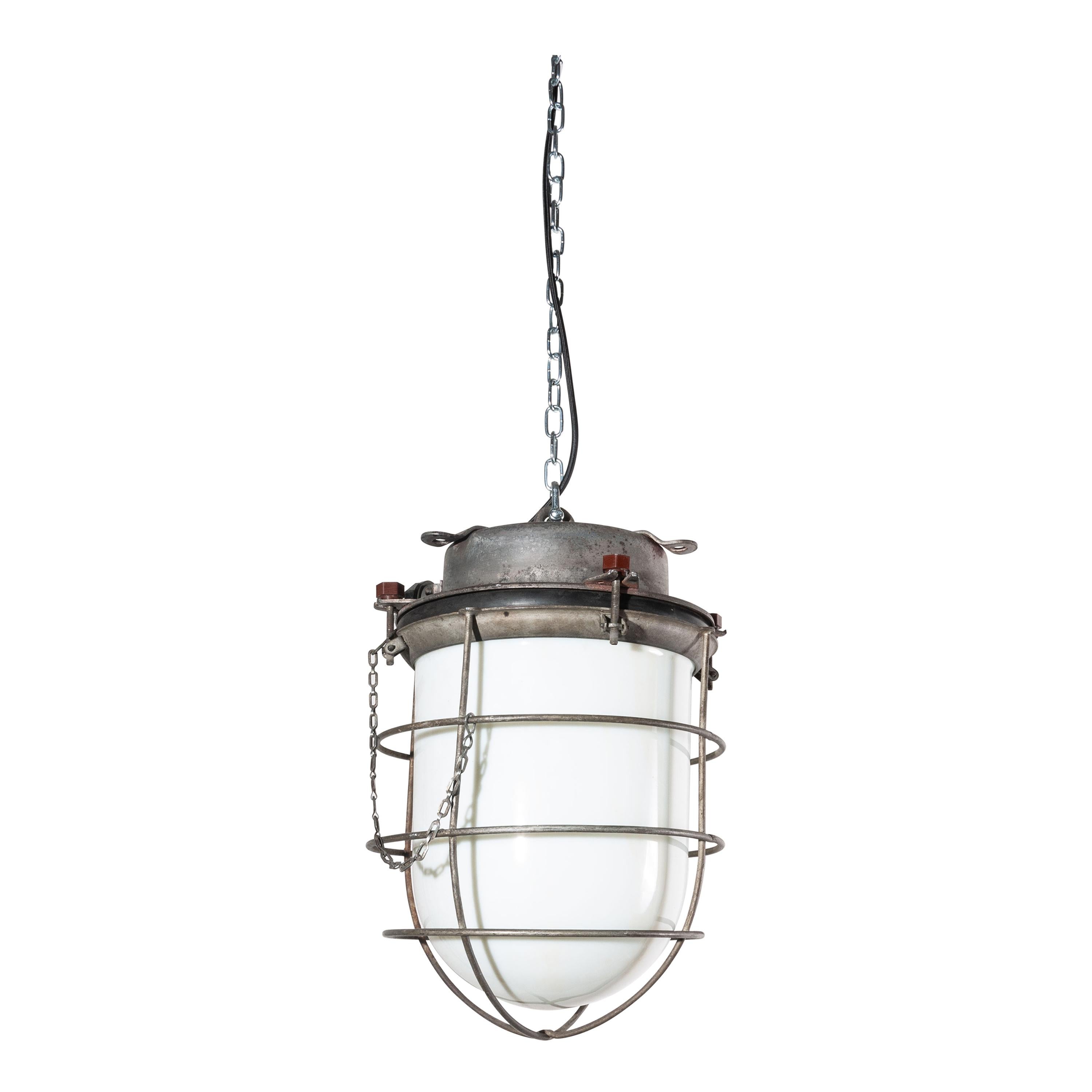 1960s Industrial Ships Ceiling Pendant Lamps/Lights, with Caged Opalescent Glass For Sale