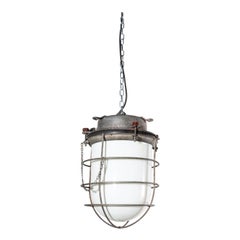 Vintage 1960s Industrial Ships Ceiling Pendant Lamps/Lights, with Caged Opalescent Glass