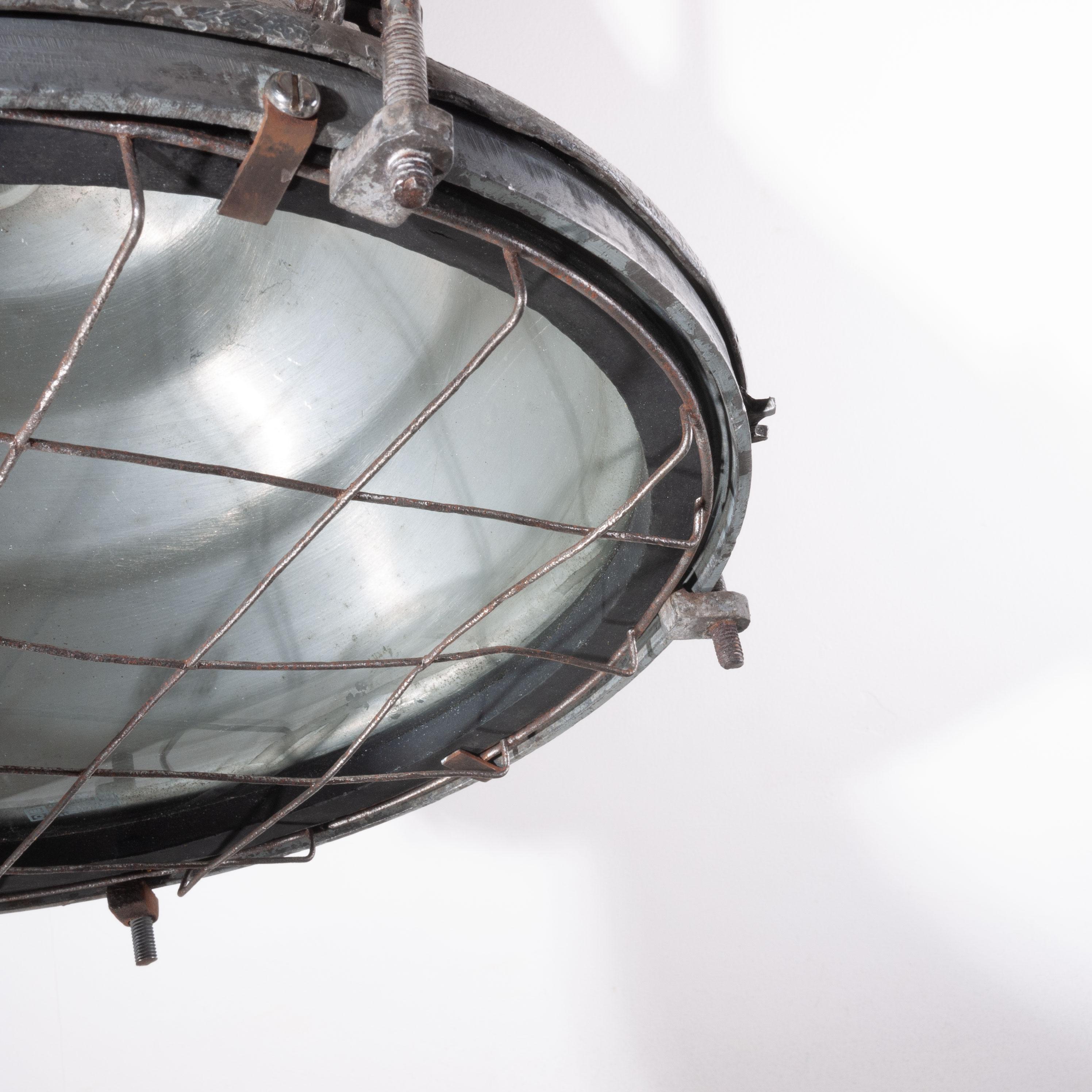 French 1960s Industrial Ships Hanging Ceiling Pendant Lamps-Lights, with Mesh Covers