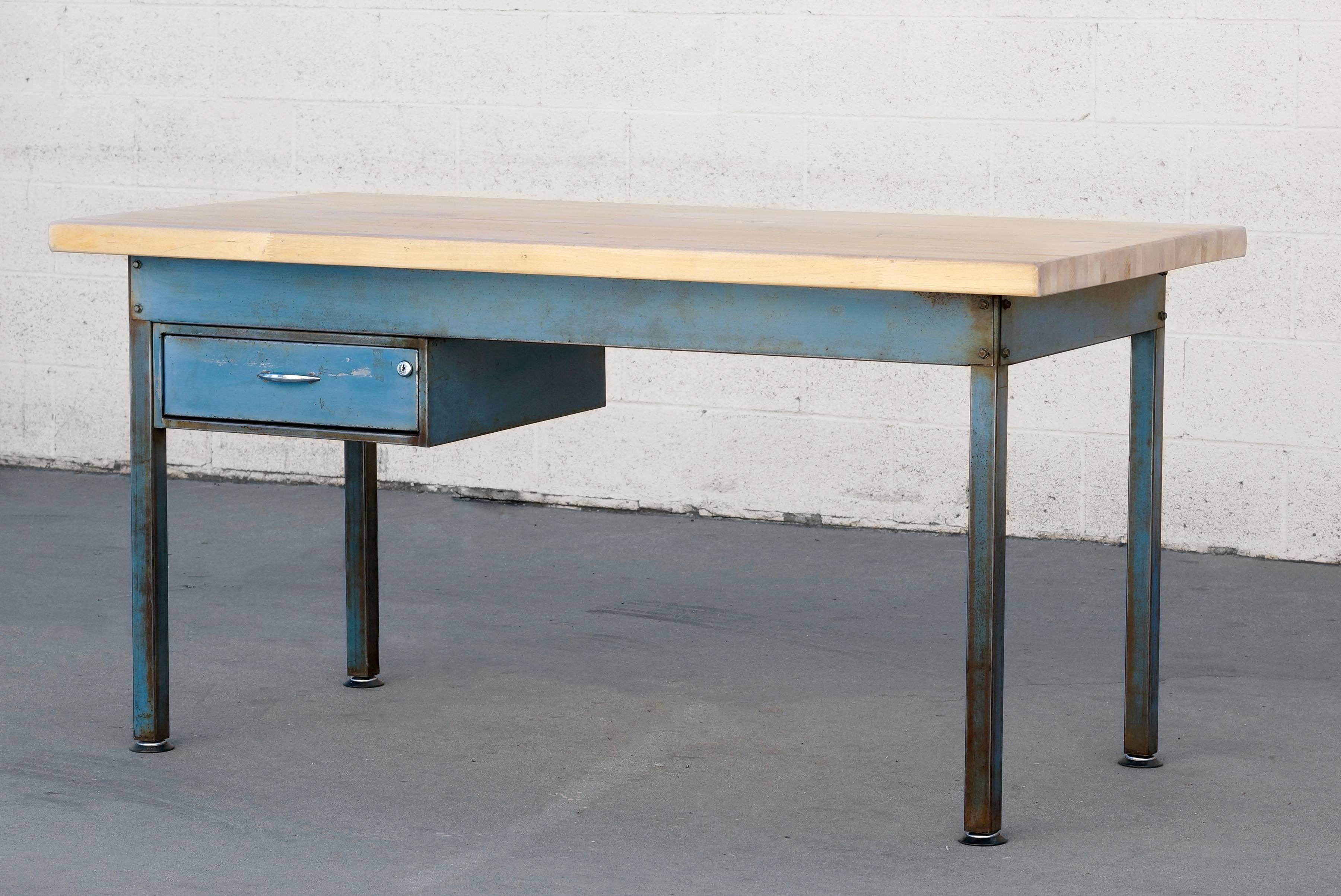 American 1960s Industrial Steel Workbench with Blue Patina