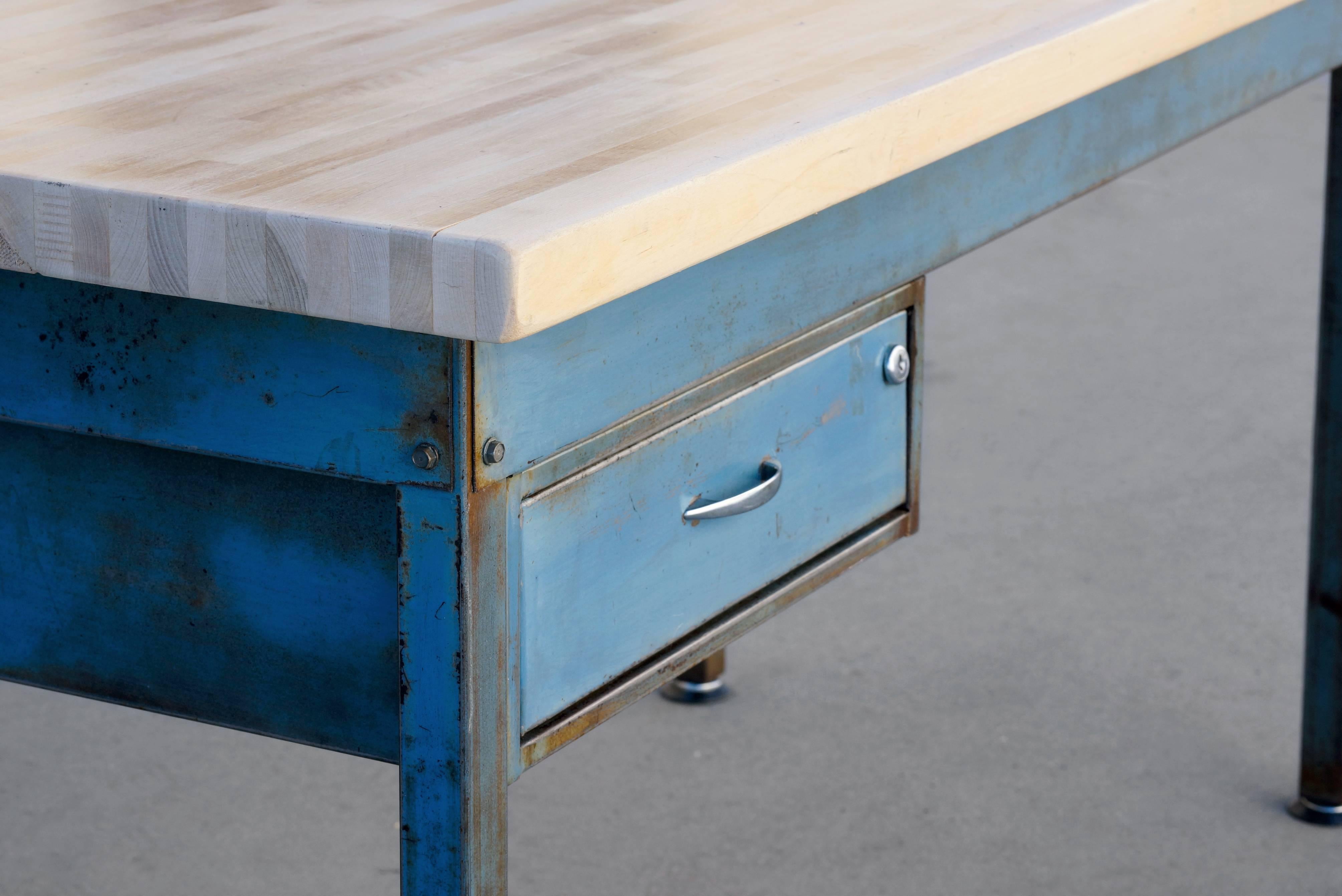 1960s Industrial Steel Workbench with Blue Patina In Distressed Condition In Alhambra, CA