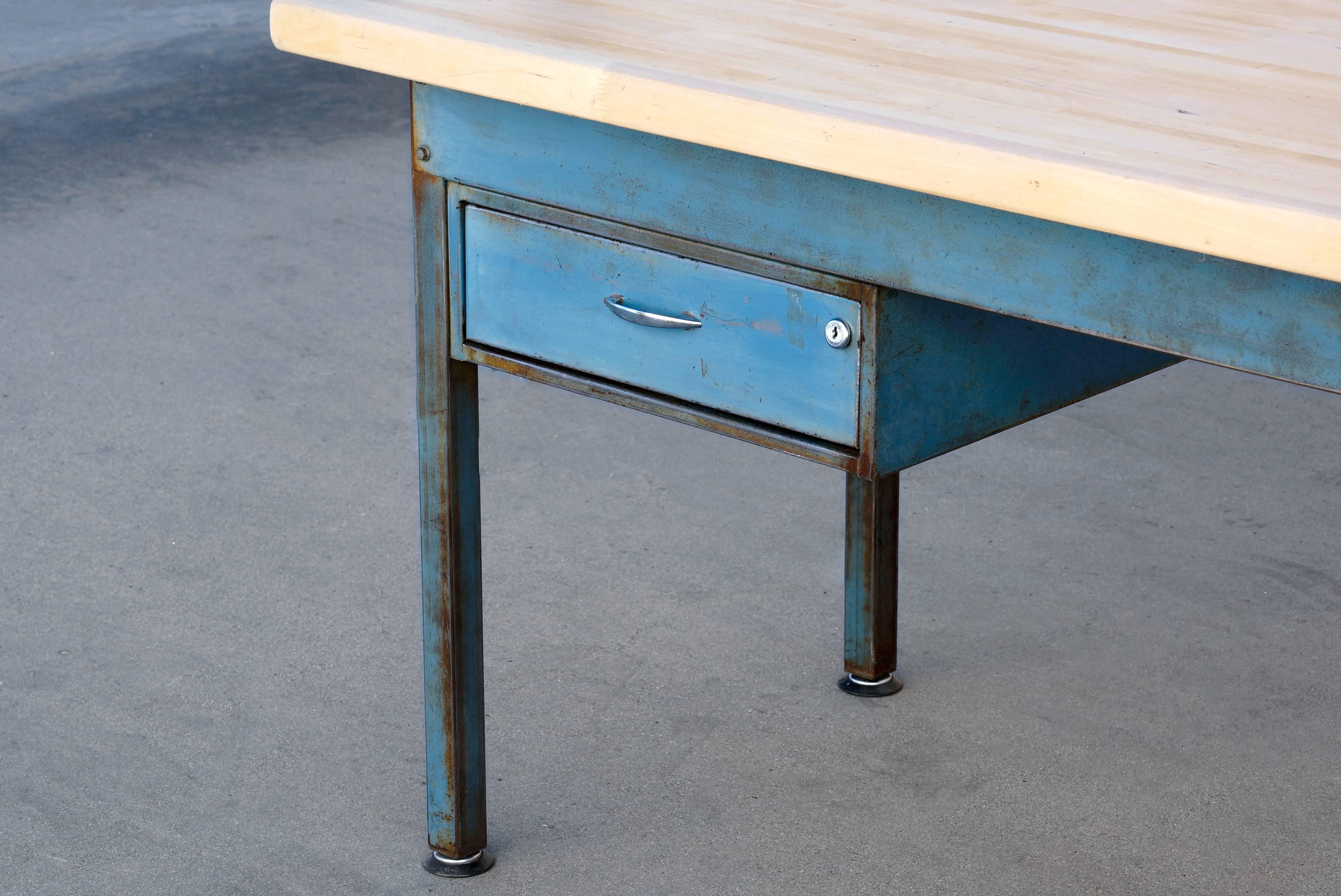 Mid-20th Century 1960s Industrial Steel Workbench with Blue Patina