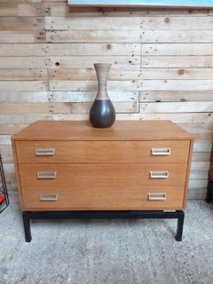 1960s Industrial Teak Chest of Drawers with Metal Base & aluminium Handles