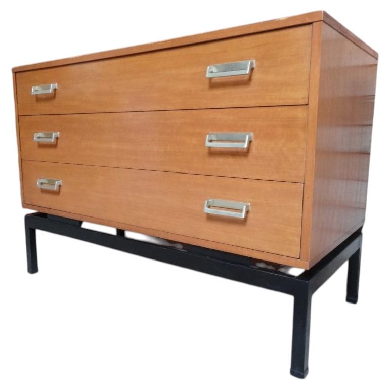 1960s Industrial Teak Chest of Drawers with Metal Base & aluminium Handles