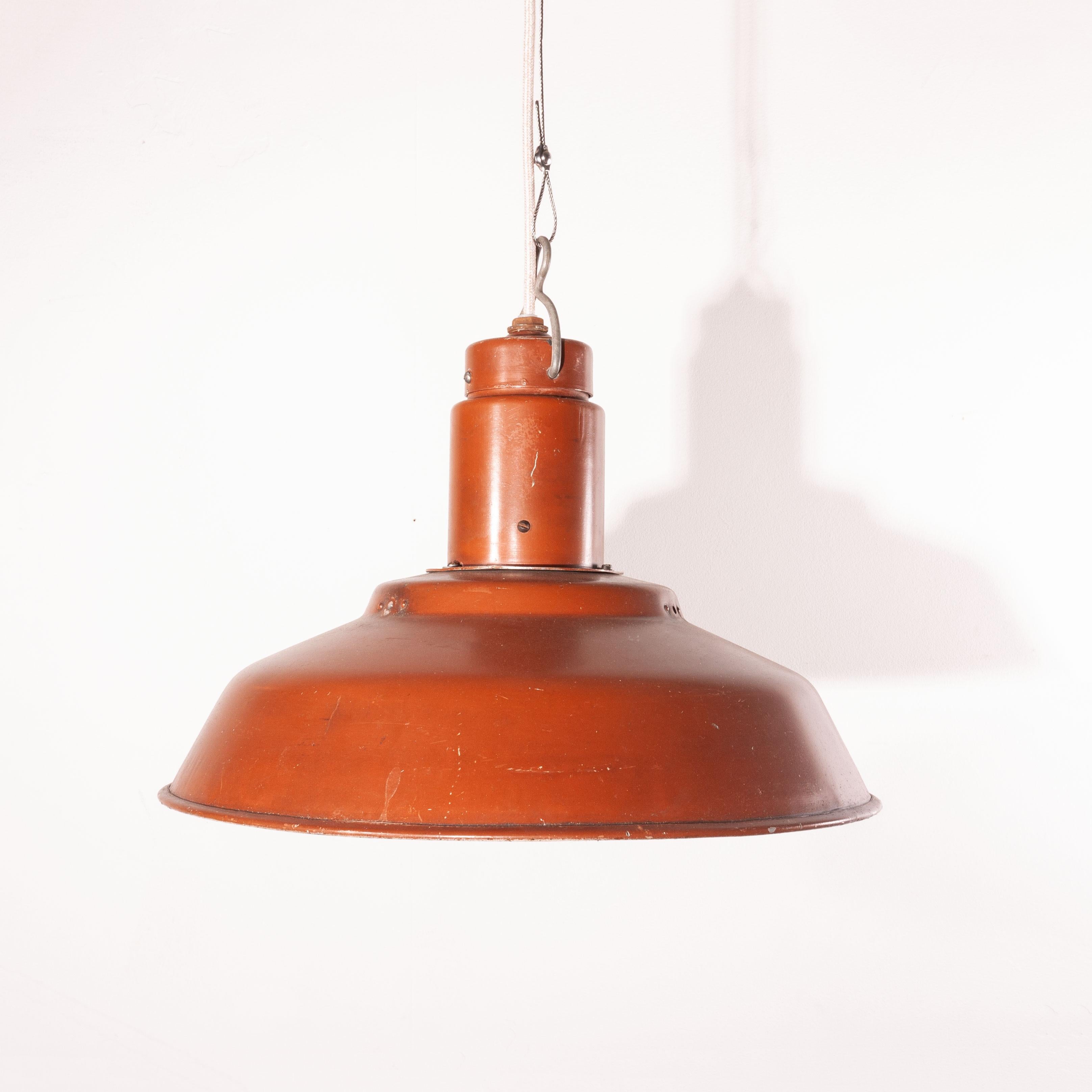 1960s industrial weathered burnt red ceiling pendant lamp/light shades, burnt red
1960s vintage industrial weathered burnt red ceiling pendant lamp/light shades. We have five of these stunning ex Soviet lamps available. Made from spun aluminium