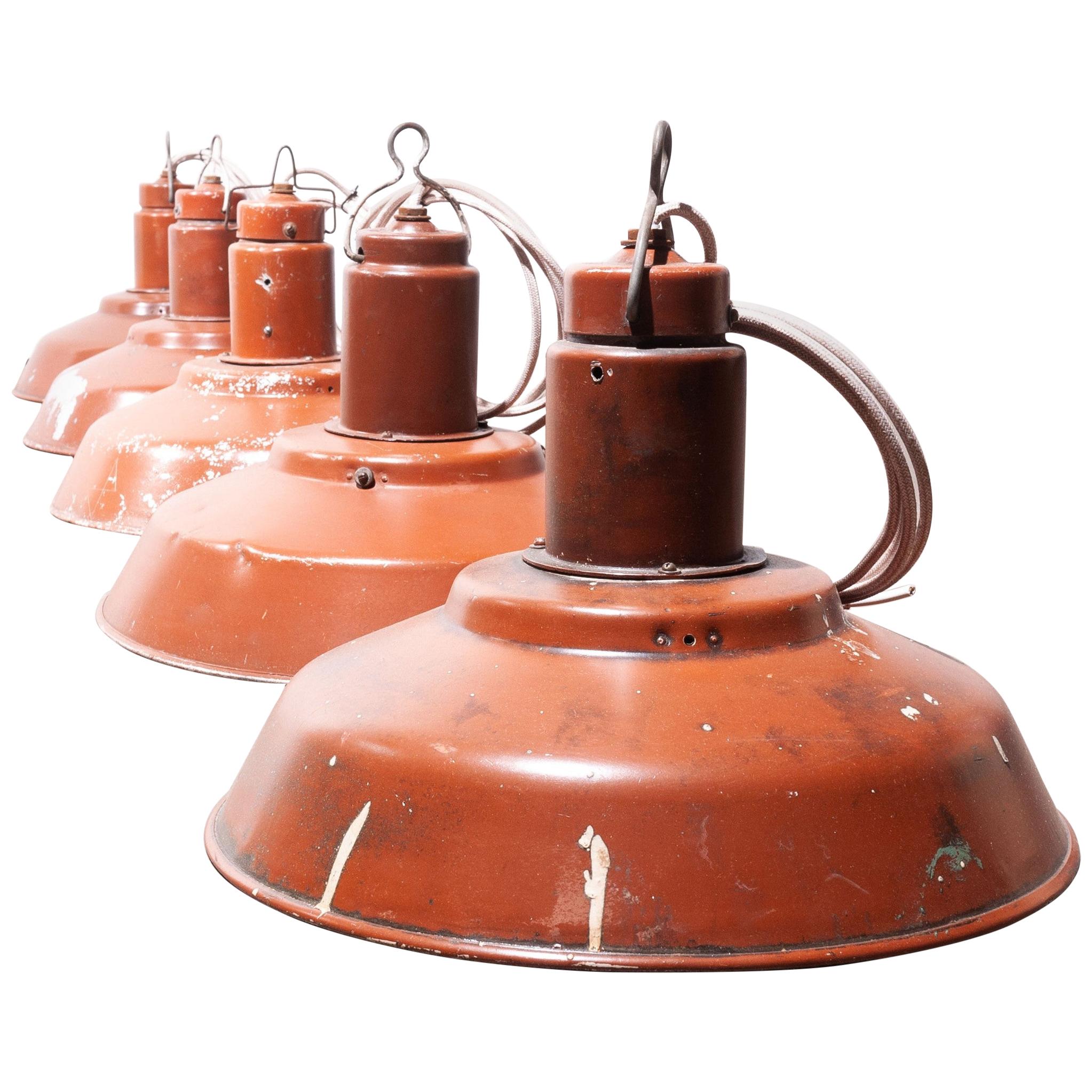 1960s Industrial Weathered Ceiling Pendant Lamp/Light Shades, Burnt Red