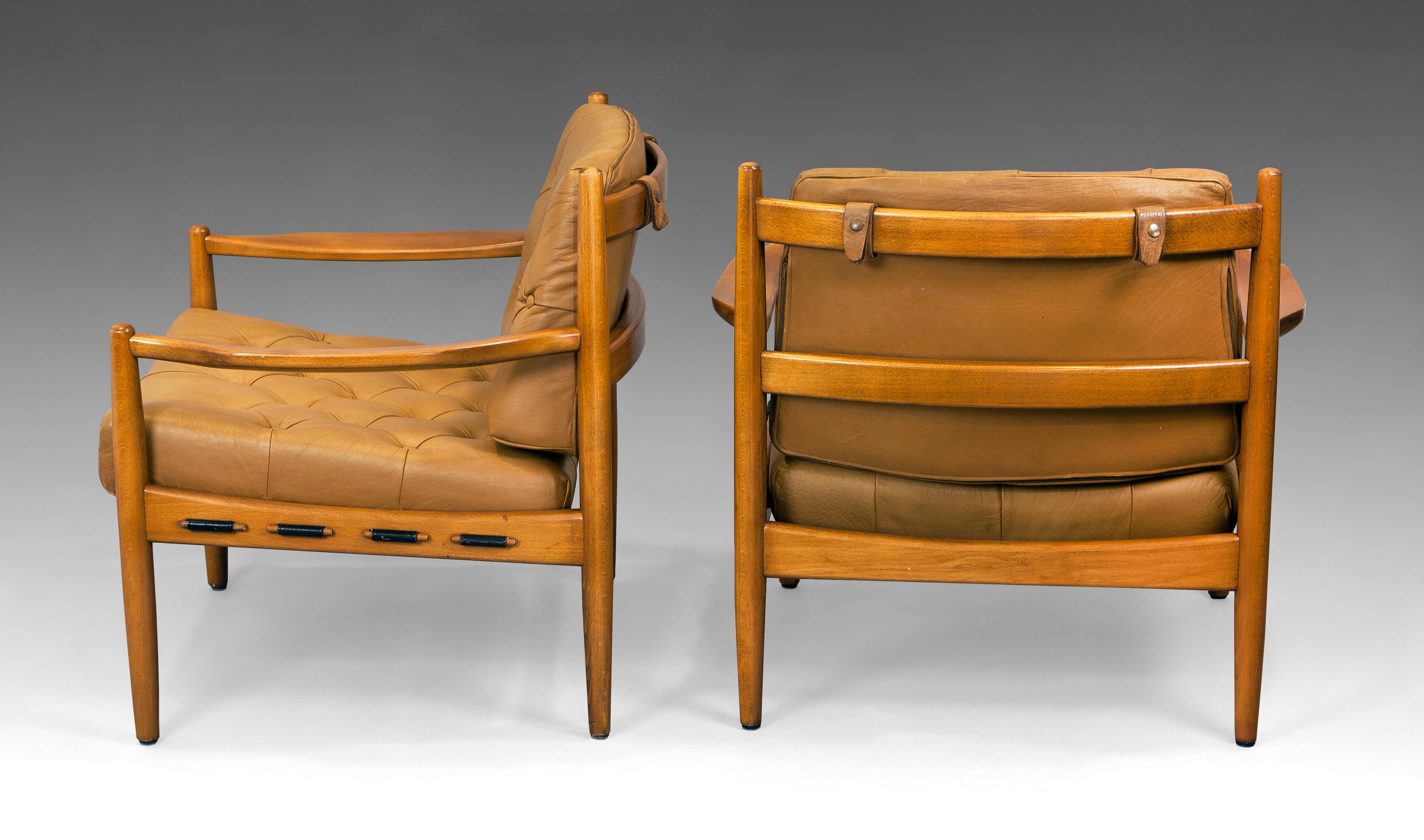 Mid-Century Modern 1960s Ingemar Thillmark “Läckö” Pair of Armchairs in Stained Beech and Leather
