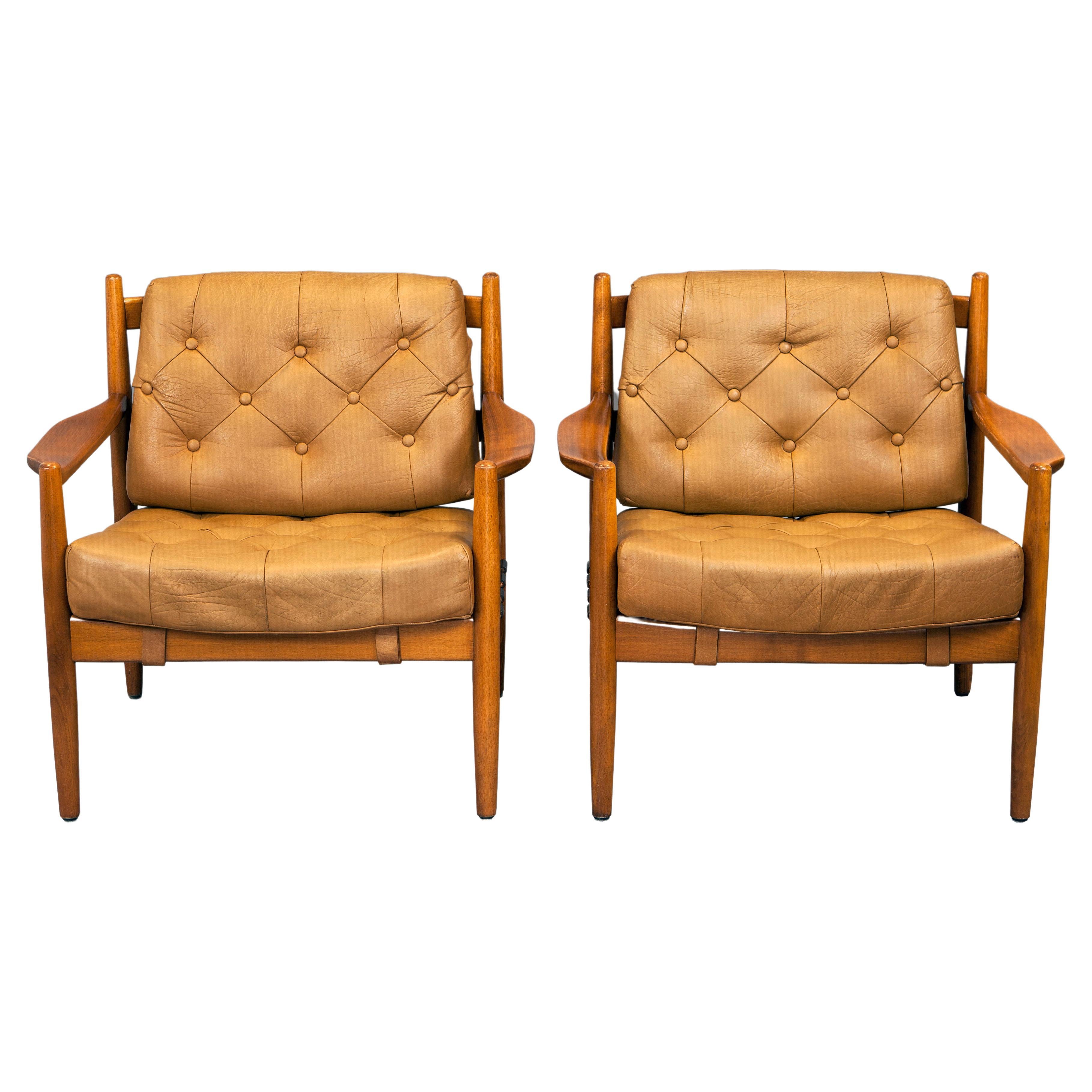 1960s Ingemar Thillmark “Läckö” Pair of Armchairs in Stained Beech and Leather For Sale
