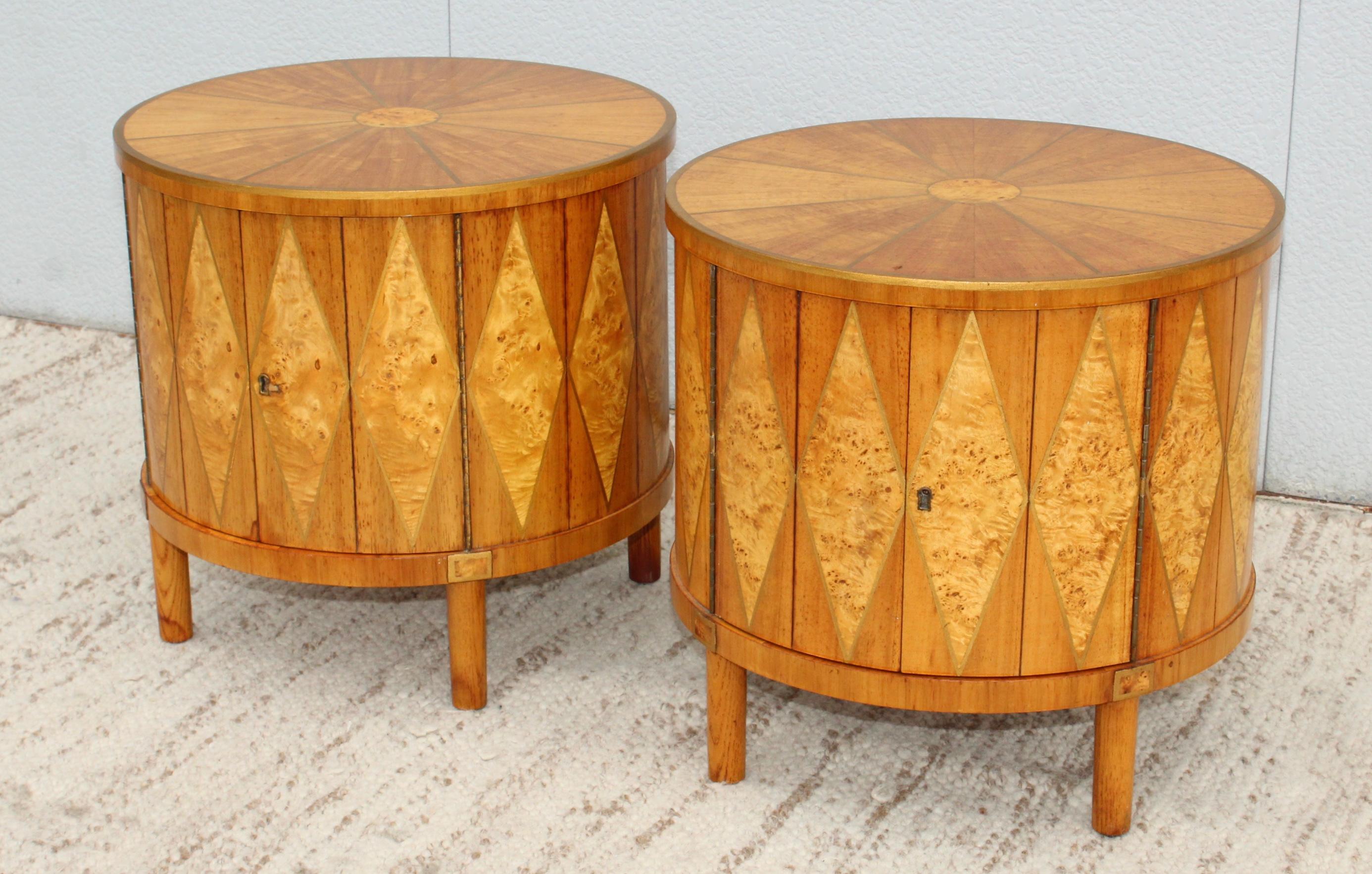 1960s Inlay Burl-Wood Drum End Tables 3