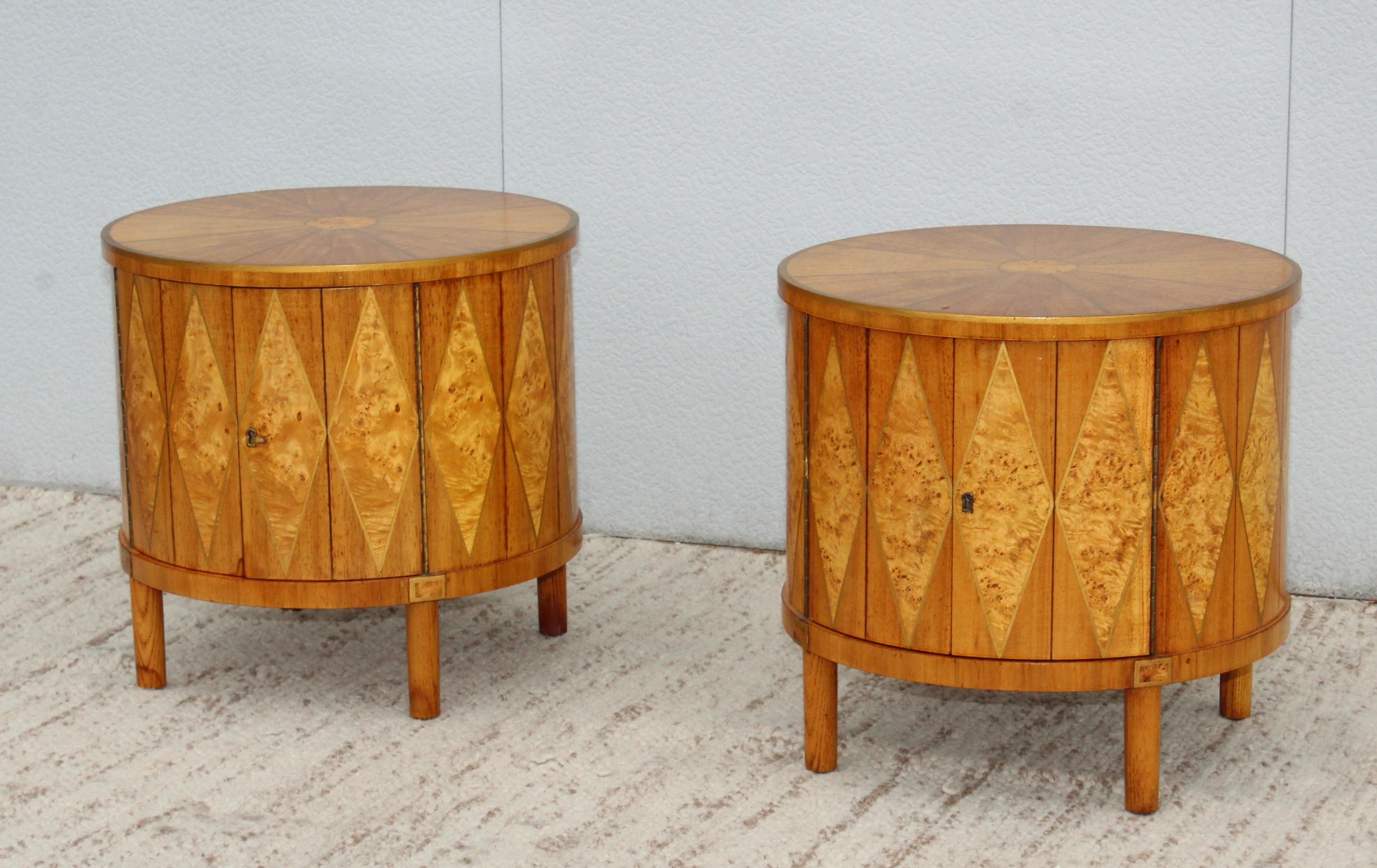 Stunning pair of 1960s burl-wood inlay drum end tables.