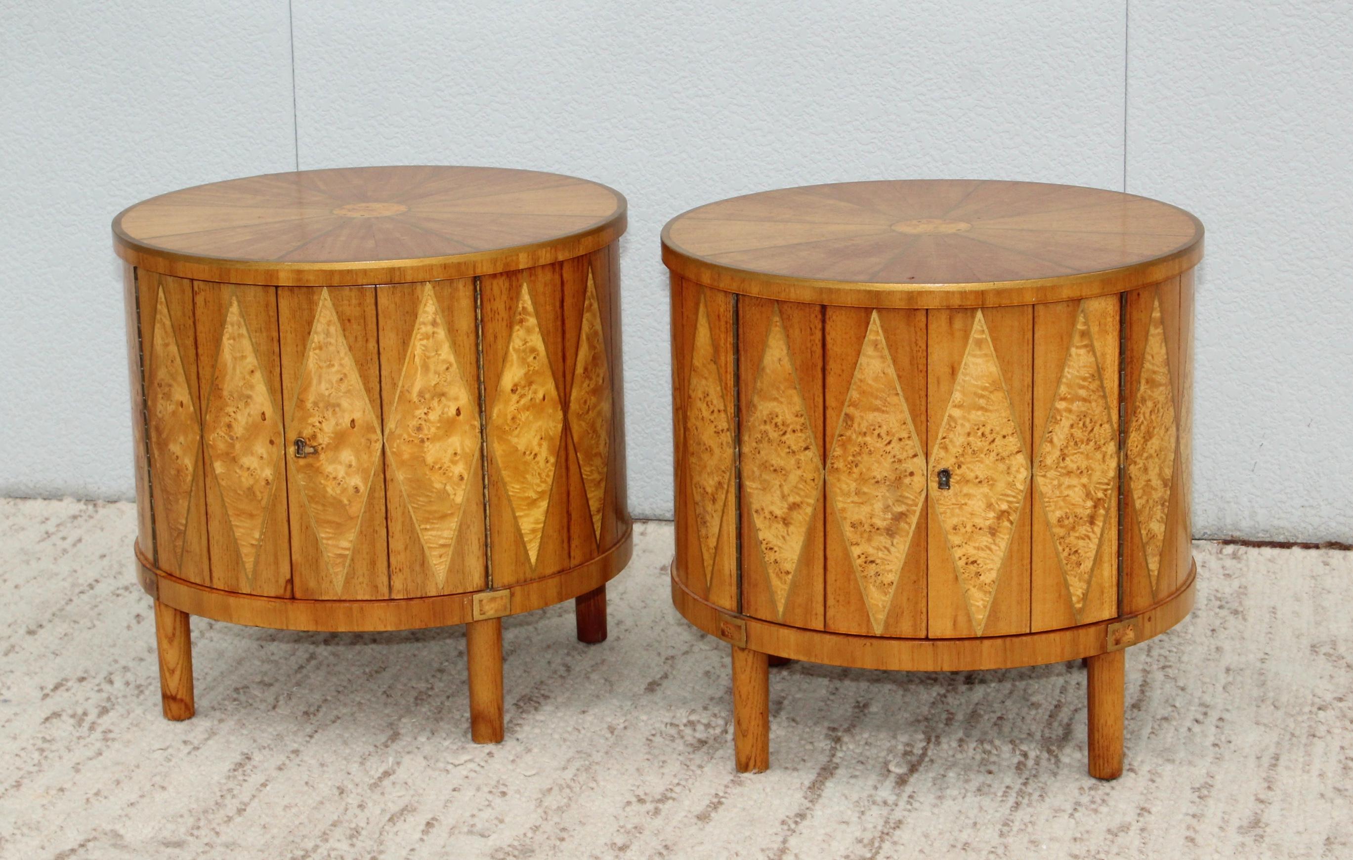 Mid-Century Modern 1960s Inlay Burl-Wood Drum End Tables