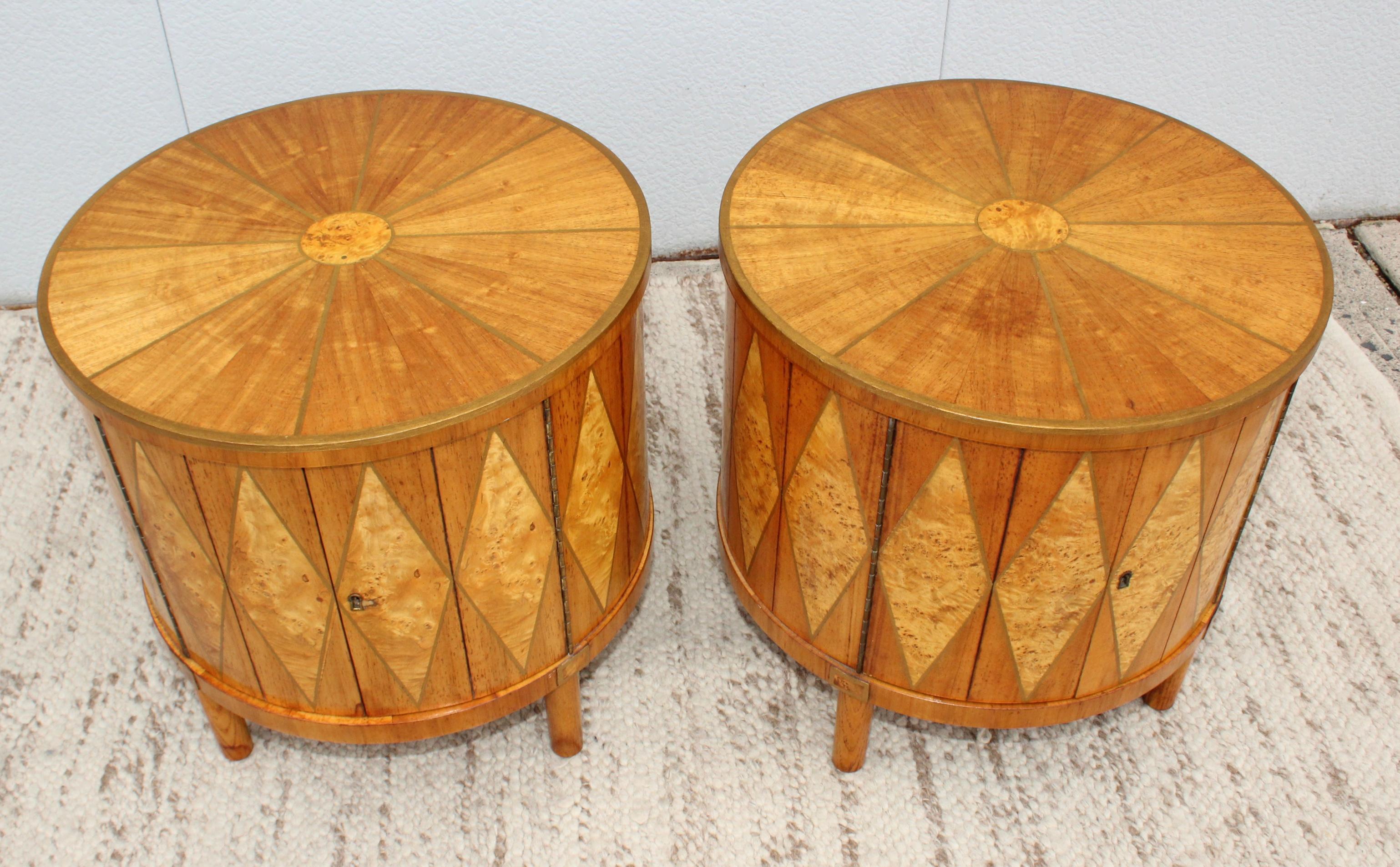 American 1960s Inlay Burl-Wood Drum End Tables