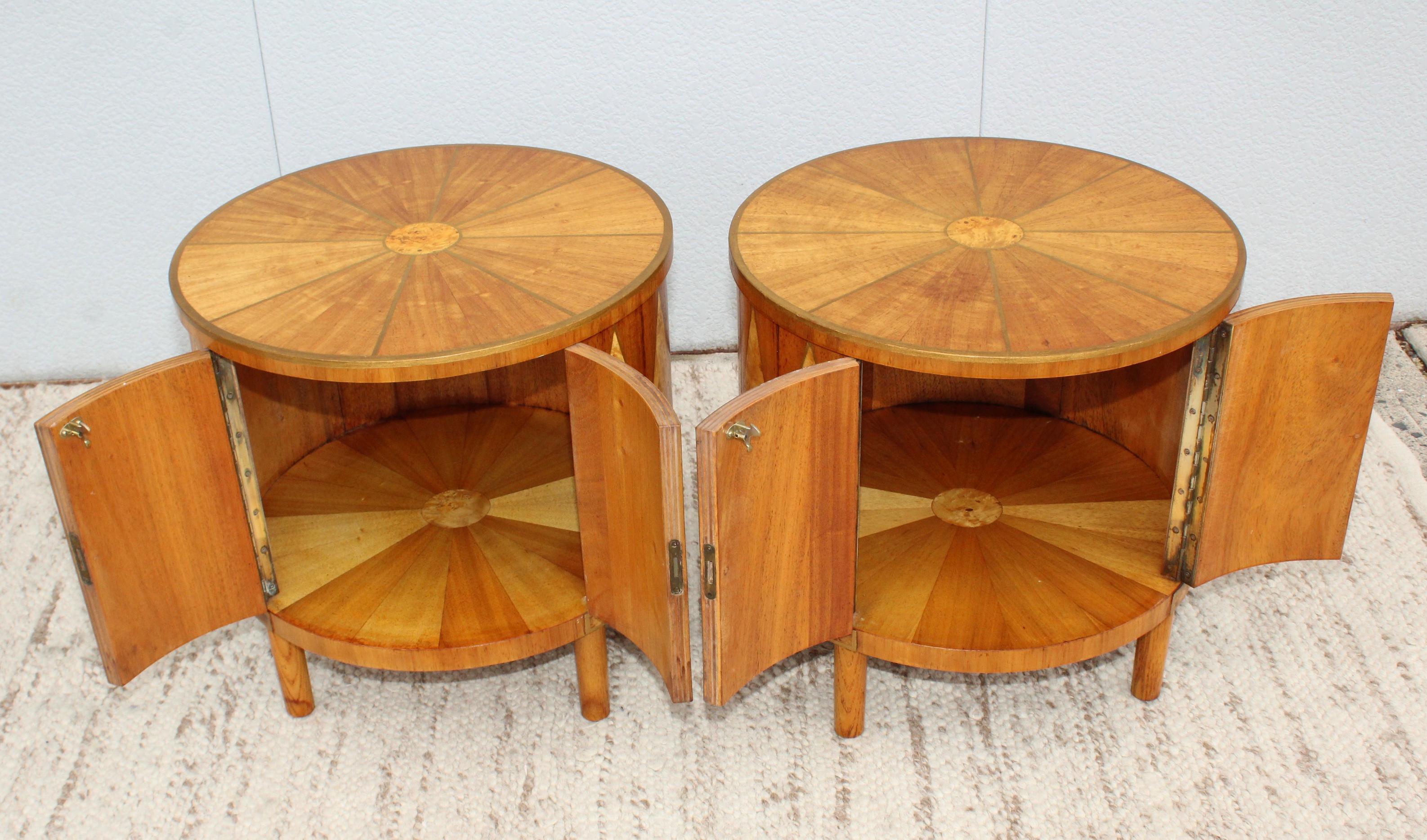 Mid-20th Century 1960s Inlay Burl-Wood Drum End Tables