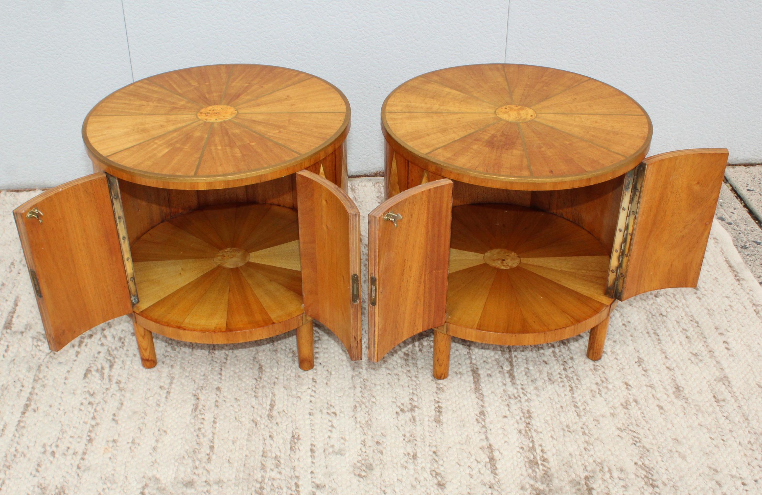 Oak 1960s Inlay Burl-Wood Drum End Tables