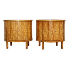 1960s Inlay Burl-Wood Drum End Tables