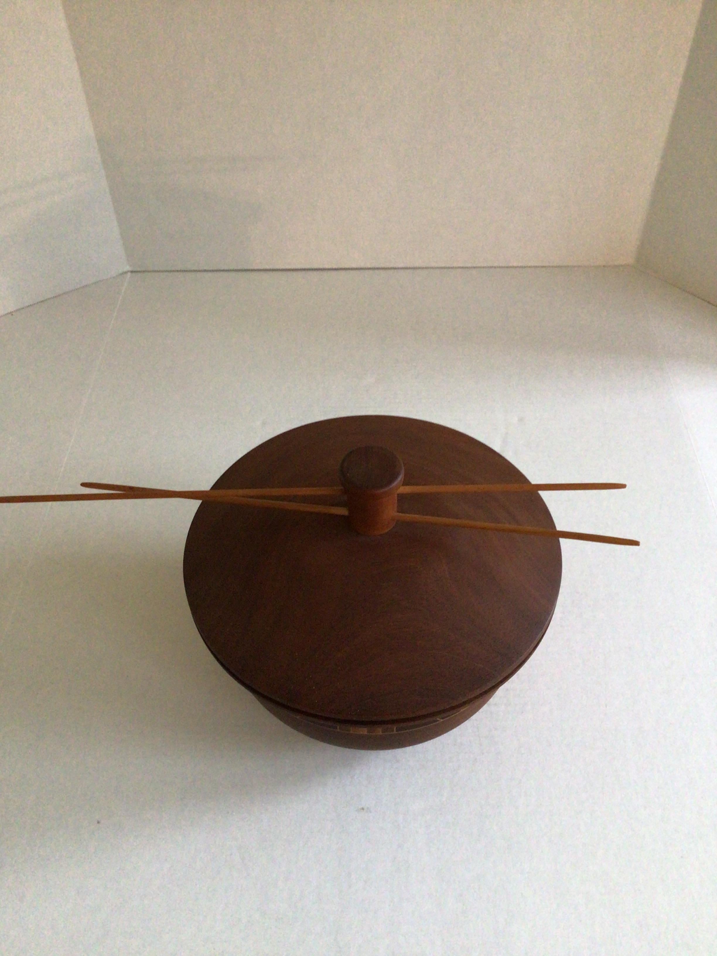 Mid-20th Century 1960s Intricately Pattern Turned Laminated Wood Bowl with Lid For Sale