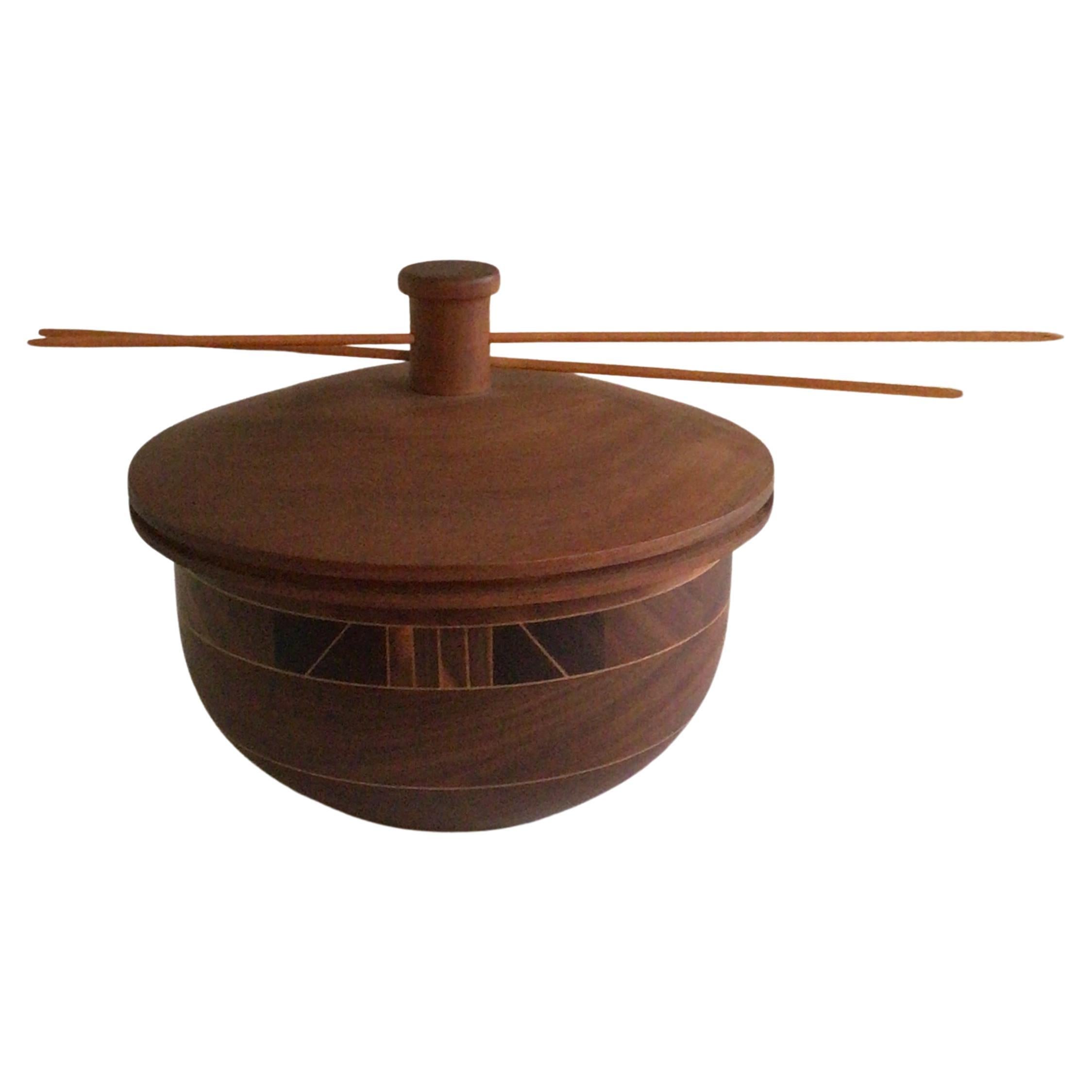 1960s Intricately Pattern Turned Laminated Wood Bowl with Lid For Sale