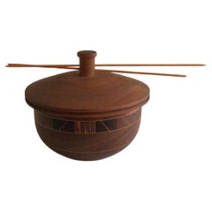 1960s Intricately Pattern Turned Laminated Wood Bowl with Lid
