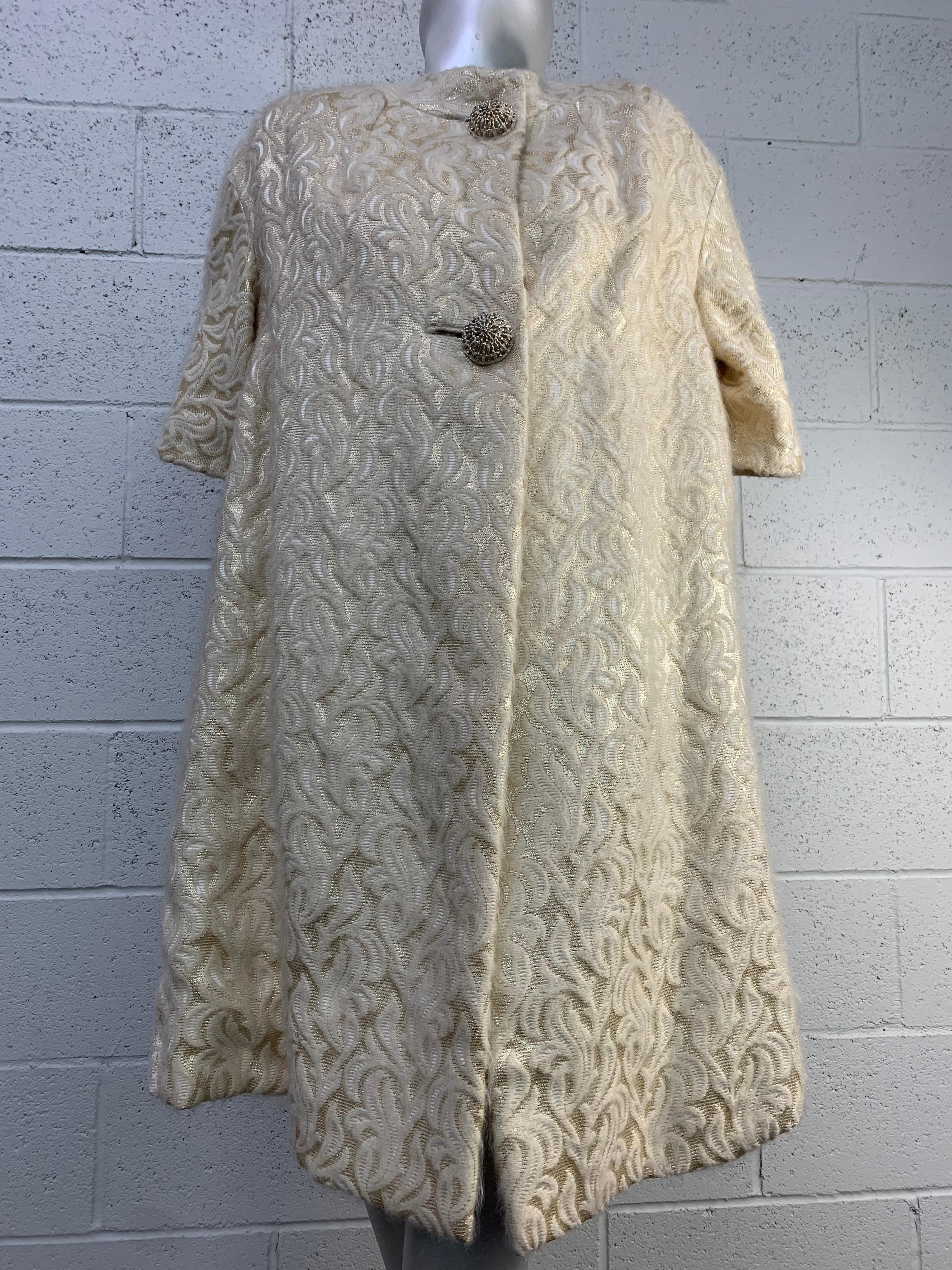 1960s Ira Rentner Gold Lame & Mohair Brocade Spring Coat w/ Filigree Buttons For Sale 8